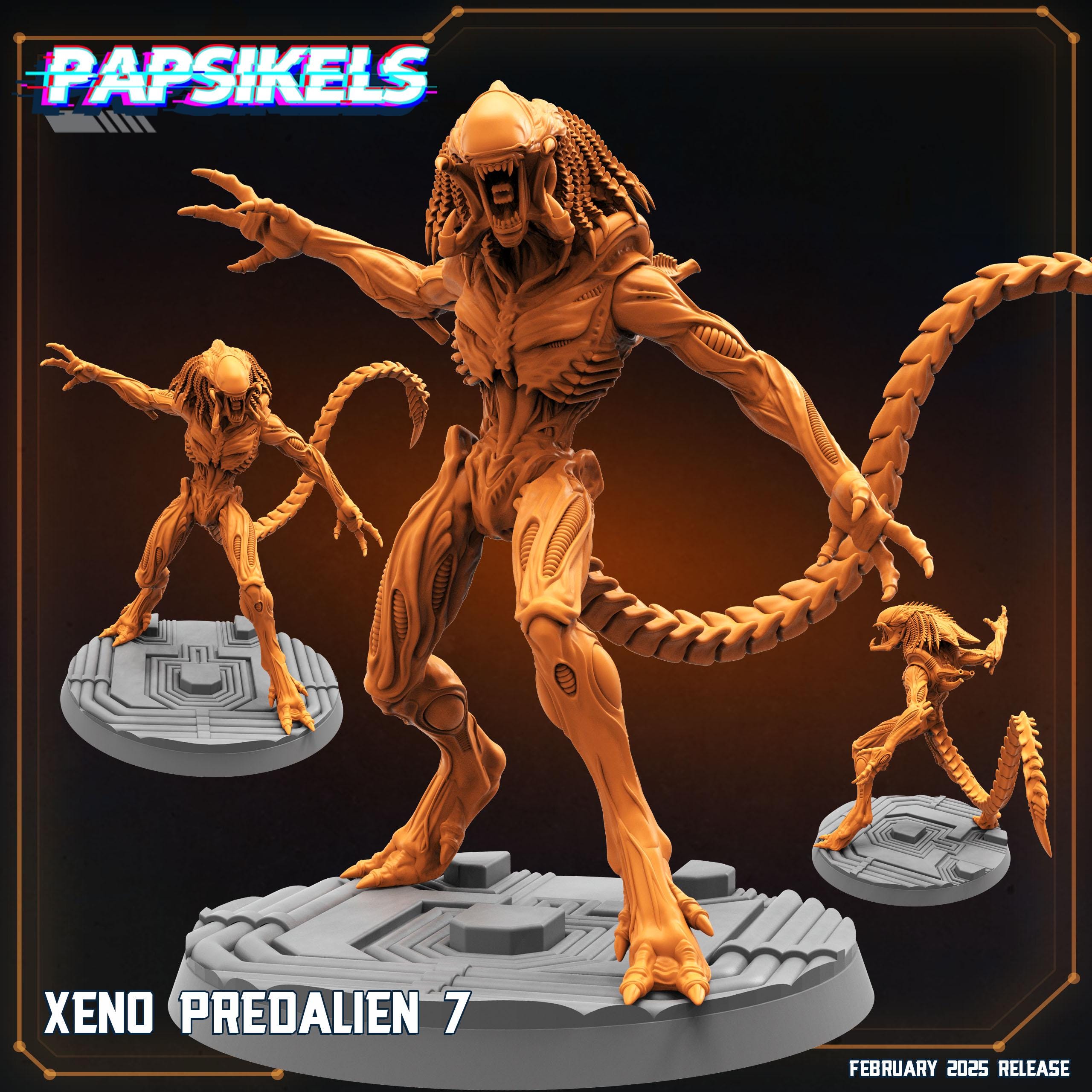 A terrifying alien creature with an elongated head, sharp claws, and biomechanical details, standing on a sci-fi platform. Its powerful stance and menacing posture make it a formidable figure, perfect for RPG or tabletop games.