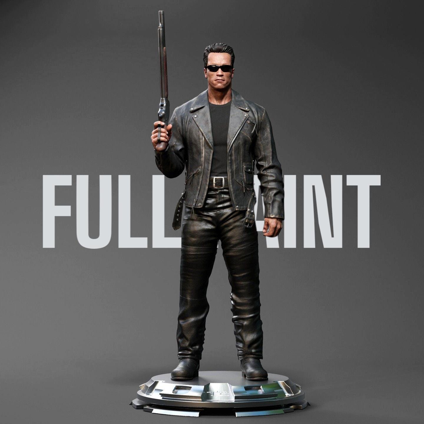 A 3D printed figurine of the Enforcer, featuring detailed clothing, sunglasses, and a shotgun. Captures the iconic look with a strong stance on a round base. Perfect for fans of the classic sci-fi film.