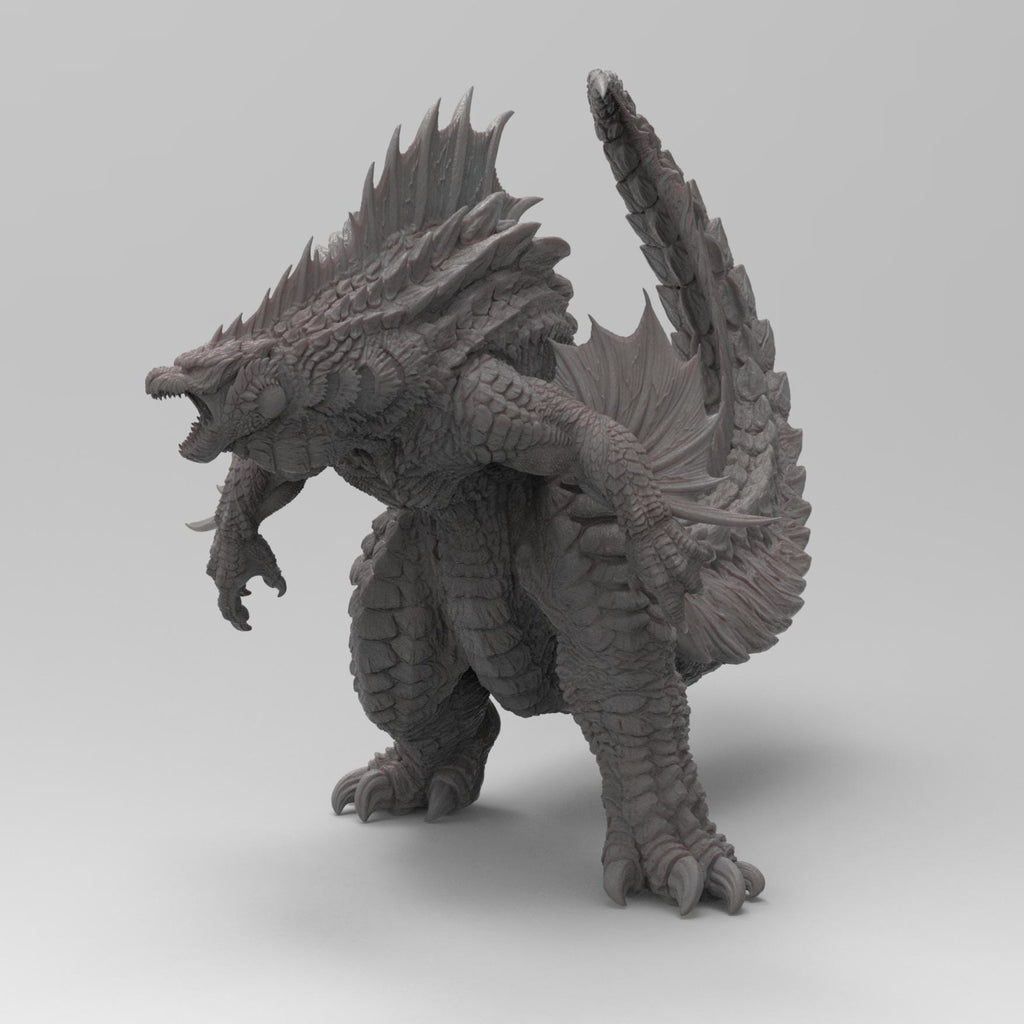 Highly detailed statue of Godzilla Reborn in a dynamic pose, showcasing sharp spines, textured scales, and an aggressive stance, rendered in a gray stone-like finish.