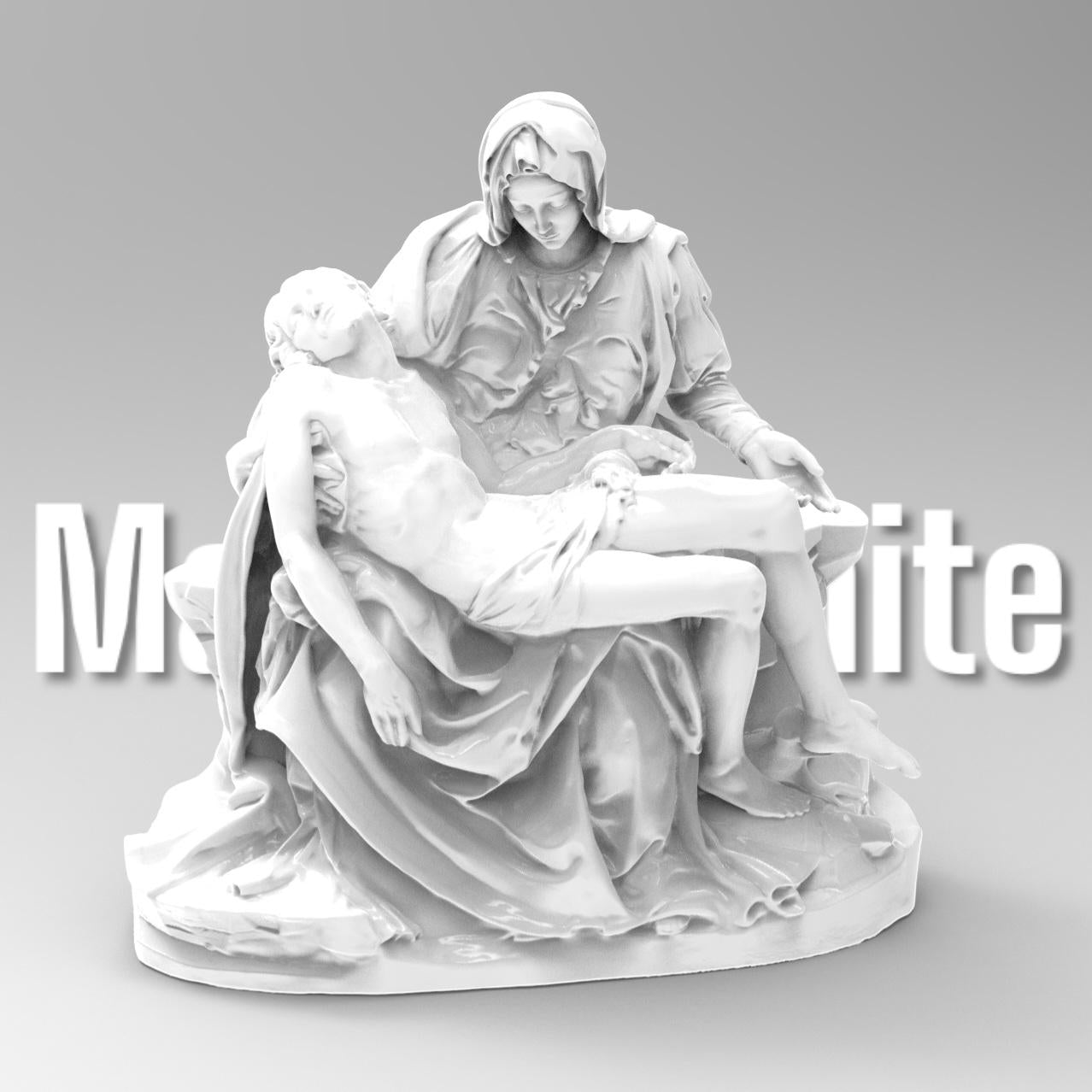 Detailed La Pietà statuette depicting Mary cradling the lifeless body of Jesus. Features intricate drapery, serene expressions, and masterful sculpting inspired by Michelangelo’s Renaissance masterpiece.