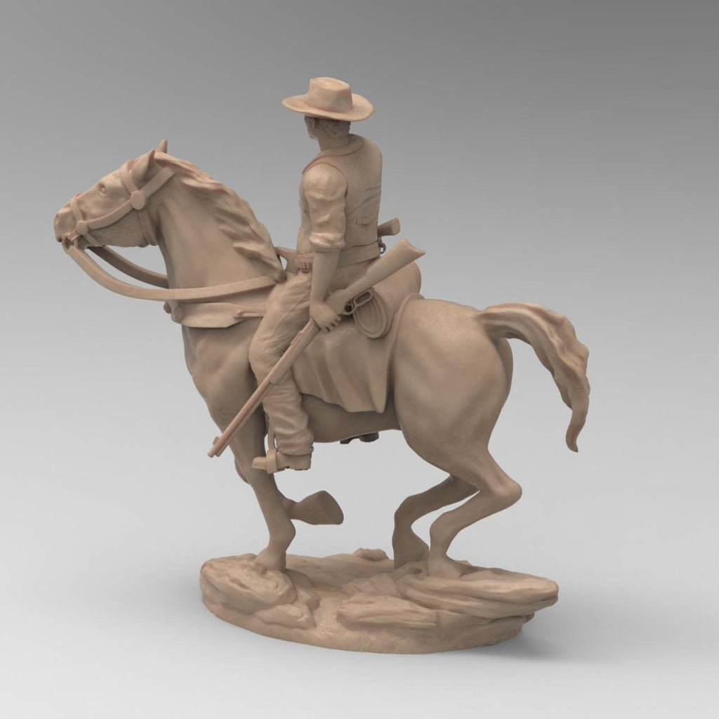 Antique wood-colored statue of a cowboy on horseback, holding a rope and equipped with a rifle and saddle gear, standing on a rugged base with detailed textures.