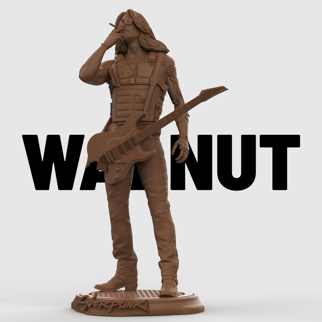 Highly detailed Johnny collectible statue inspired by Cyberpunk, featuring the iconic rocker with cybernetic arm, tactical vest, and electric guitar slung across his body. Posed mid-smoke on a stylized base. Available in full color, gold, silver, bronze, Stone Gray, Walnut finishes for striking display options.