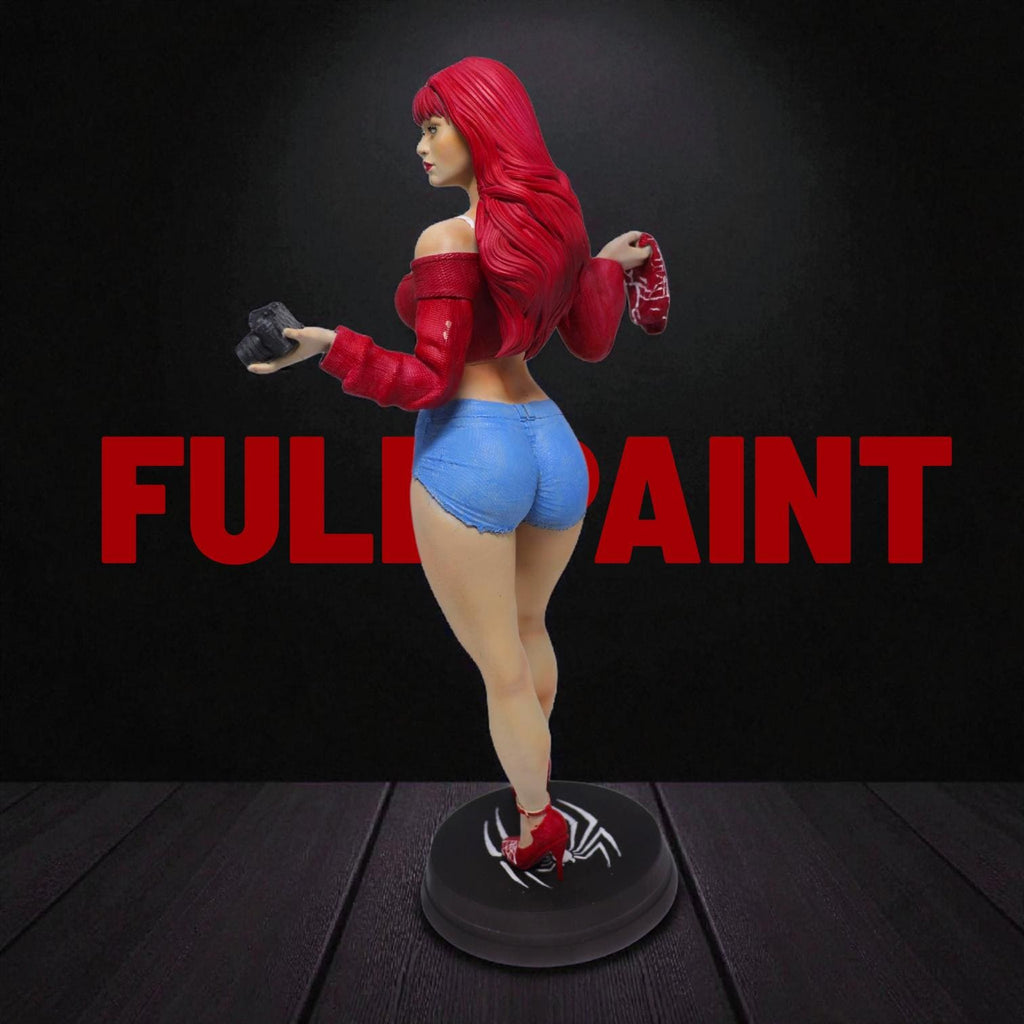 Stylized 3D-printed figurine of Mary Jane in a confident pose, holding a camera in one hand and a cloth in the other. She is dressed in a cropped sweater and short shorts, with long flowing hair and high heels. Available in bronze, gold, and silver finishes, the sculpture showcases fine detail and a modern, fashionable aesthetic.