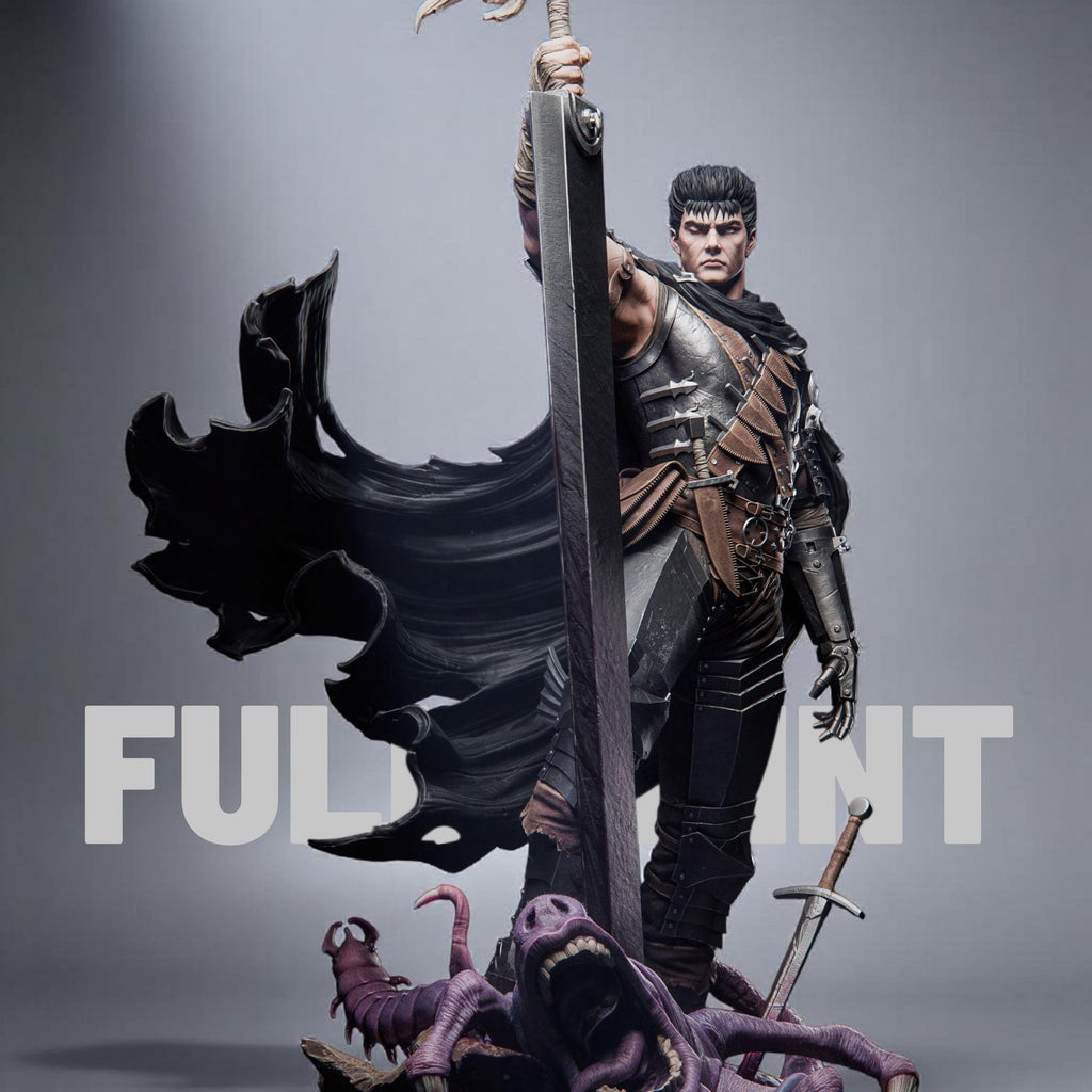 3D-printed Guts figurine featuring a fierce warrior clad in black armor, wielding an enormous sword raised high in victory. The sculpture captures a dramatic moment atop a defeated monster, with a tattered cloak flowing behind him, symbolizing power, resilience, and battle-worn determination.