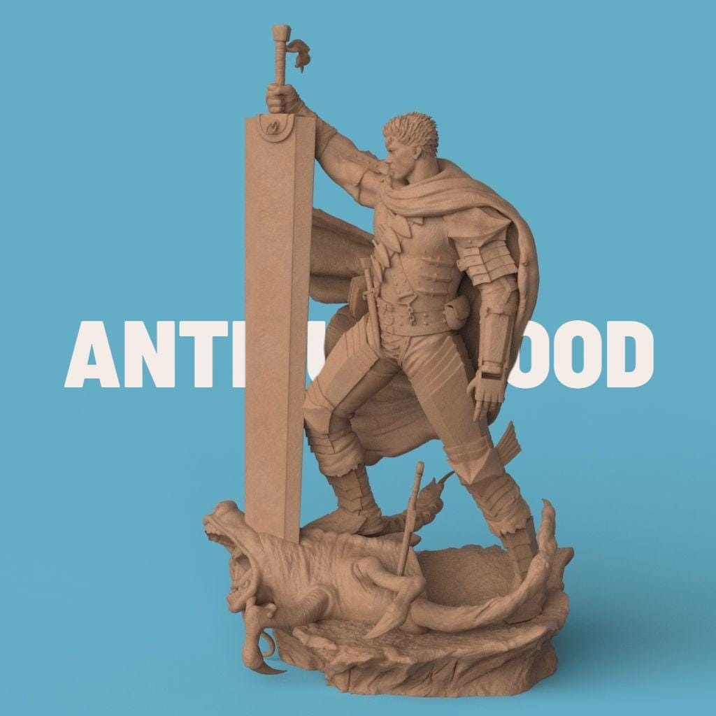3D-printed Guts figurine featuring a fierce warrior clad in black armor, wielding an enormous sword raised high in victory. The sculpture captures a dramatic moment atop a defeated monster, with a tattered cloak flowing behind him, symbolizing power, resilience, and battle-worn determination.