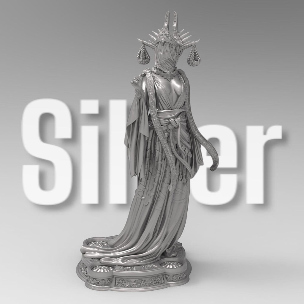 Highly detailed 3D-printed statue of Atropos the Moirai. Depicted in a flowing robe with intricate gold detailing, a veiled face, and an elaborate headdress featuring hanging scales. A stunning display of divine elegance and fate’s embodiment.