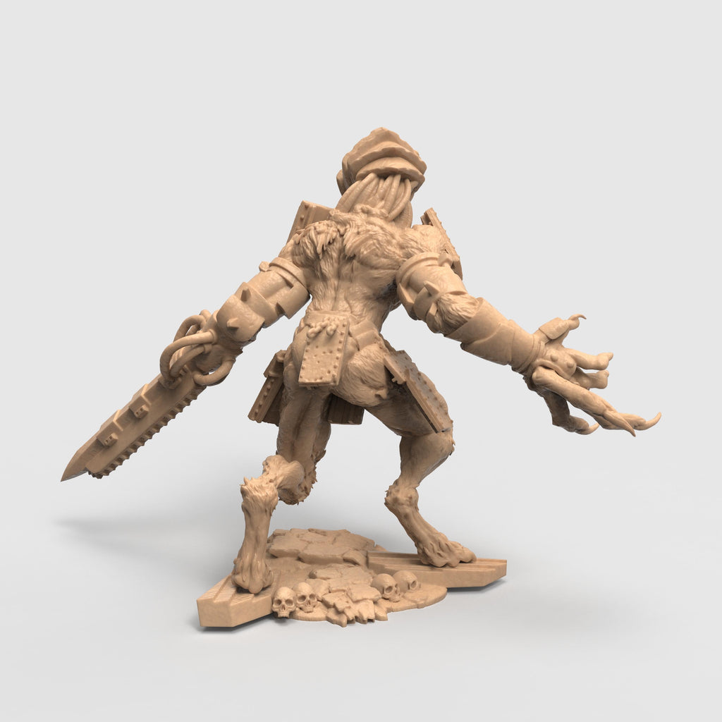 Three views of the Sampaloc War Wolf miniature, a muscular werewolf-like creature with mechanical enhancements. The beast features a large headpiece fitted with twin circular saw blades and wears spiked armor plates on its shoulders. One arm ends in a menacing clawed hand, while the other is equipped with a chainsaw-like weapon. The figure stands on a textured base resembling broken terrain, emphasizing its aggressive and battle-ready posture.