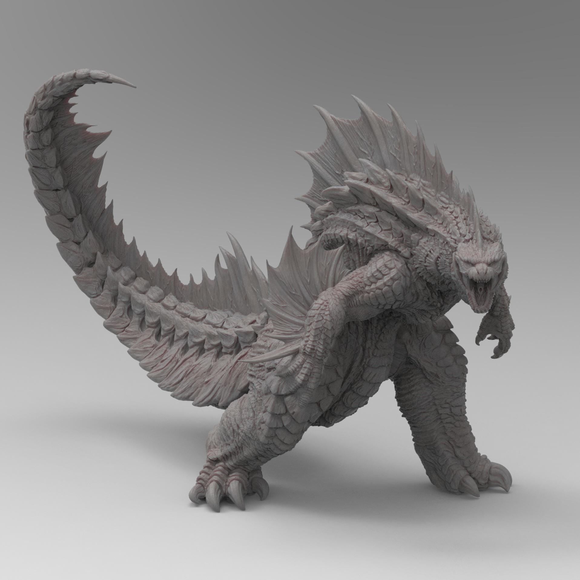 Highly detailed statue of Godzilla Reborn in a dynamic pose, showcasing sharp spines, textured scales, and an aggressive stance, rendered in a gray stone-like finish.