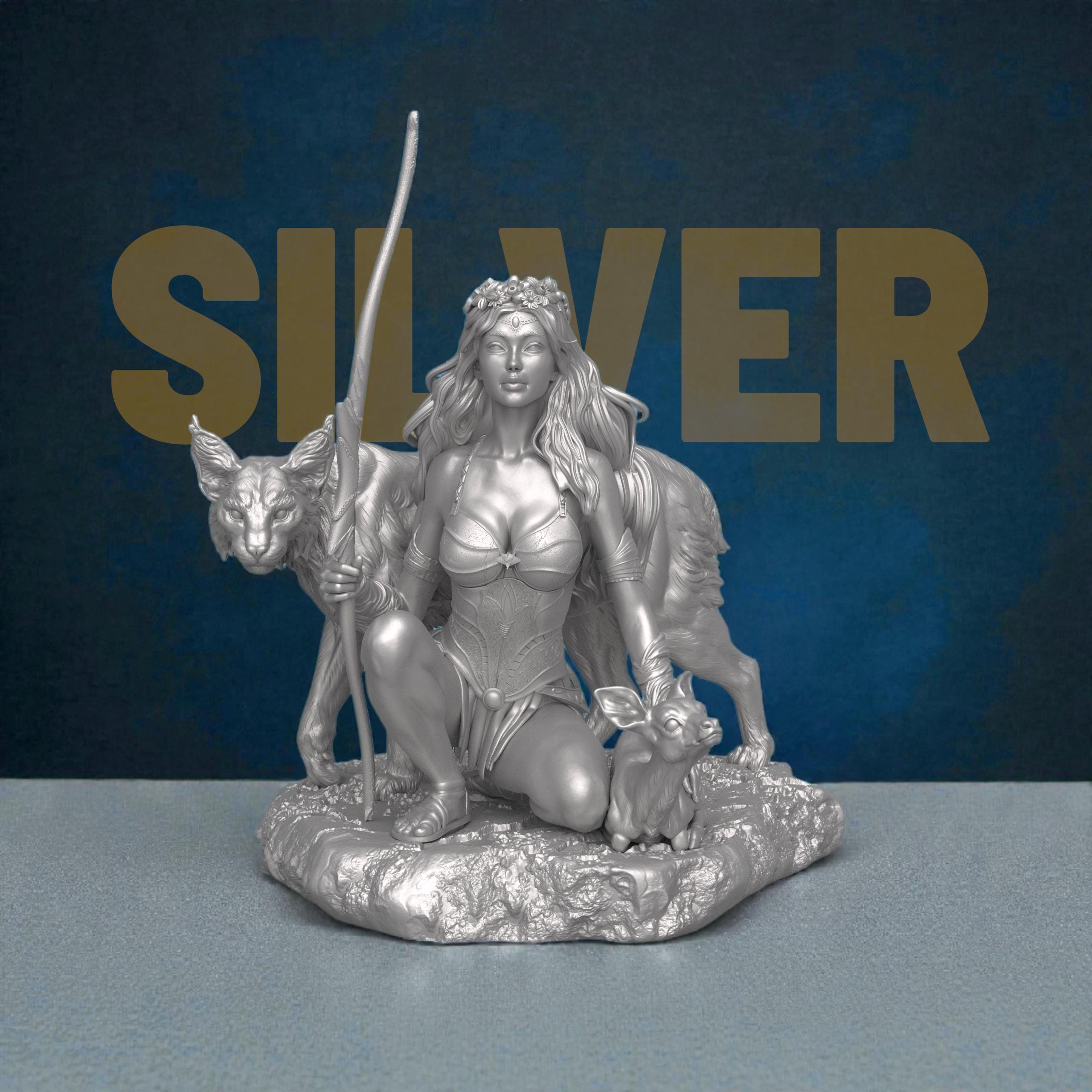3D-printed Artemis figurine featuring a kneeling huntress goddess holding a staff, accompanied by a large wild cat and a small deer. The sculpt showcases flowing hair, detailed armor, and a natural rocky base, capturing the mythological figure’s serene yet powerful presence.