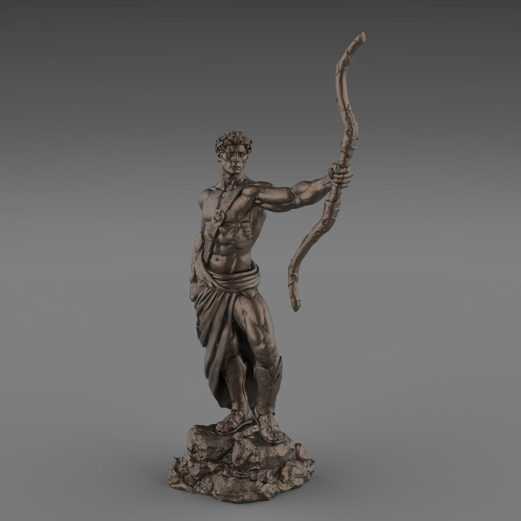 Apollo statue with a bow and lyre, wearing a laurel wreath and draped garment. His heroic stance and muscular form embody divine strength and grace.