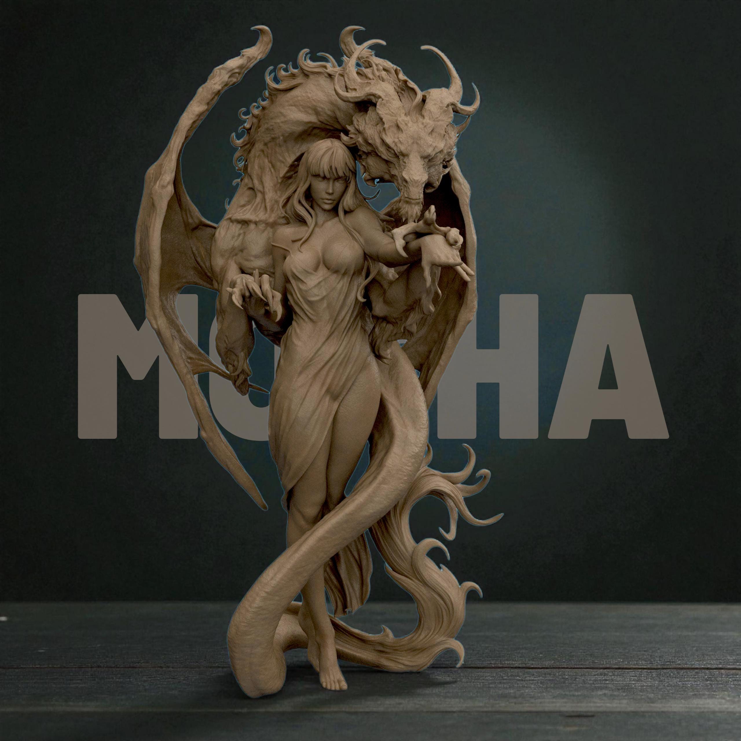 3D-printed Dragon Lady figurine featuring an elegant woman entwined with a majestic dragon. The sculpture blends beauty and power, with intricate textures on the dragon’s wings and scales, and flowing details in the woman’s hair and dress — a captivating fantasy centerpiece symbolizing harmony between strength and grace.