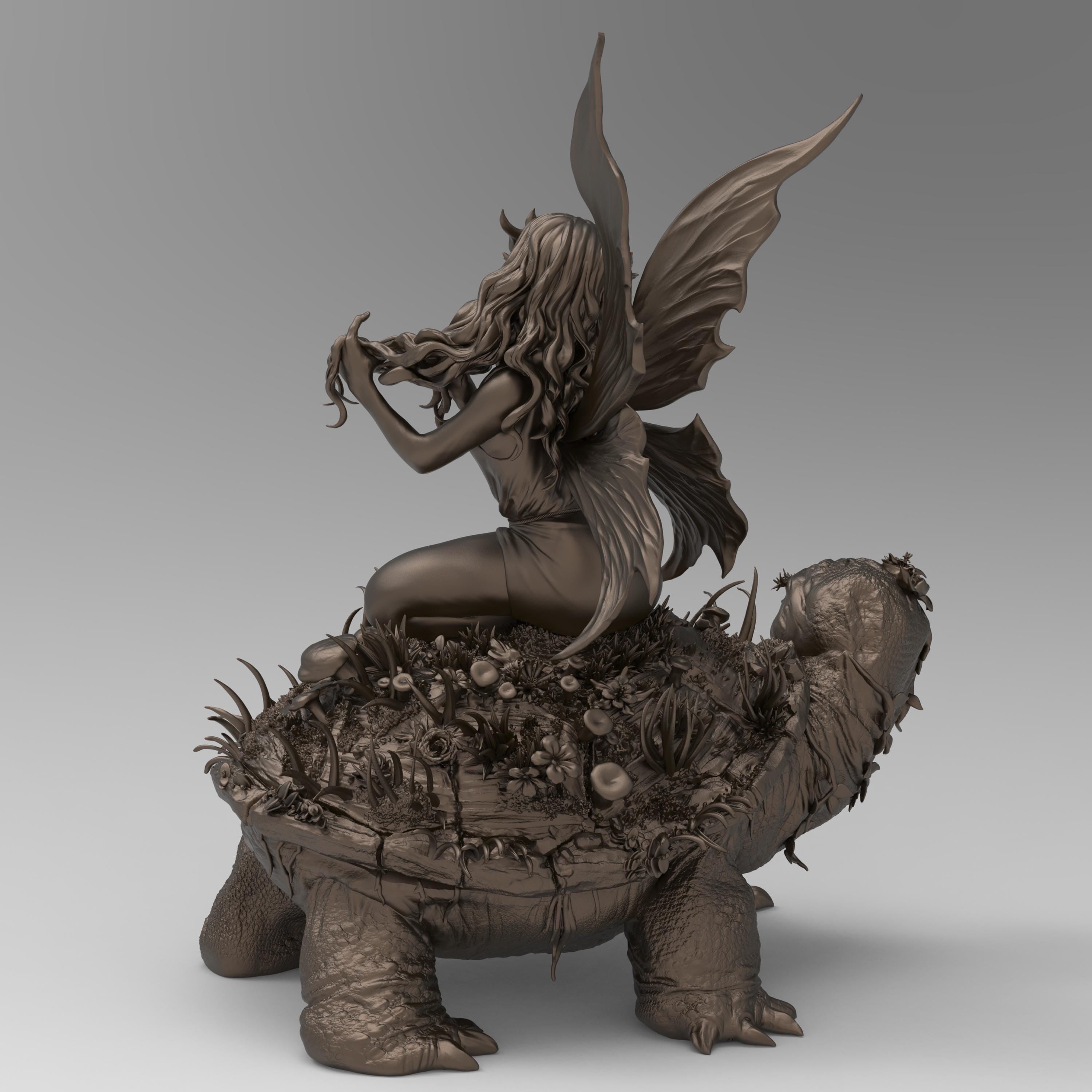 A delicate fairy with flowing hair and floral accessories sits atop a large turtle covered in lush vegetation. She gracefully plays with her hair, her translucent wings extending behind her. The turtle's wise expression adds to the enchanting scene.
