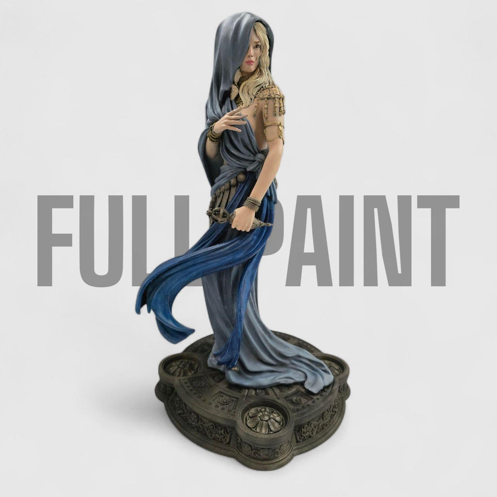 Klotho the Moirai, the spinner of fate, is captured here in an elegant and mysterious pose, cloaked in flowing robes and holding the thread of destiny. This highly detailed sculpture embodies grace, power, and mythic allure—perfect for collectors of fantasy art, mythology, and Greek legends.