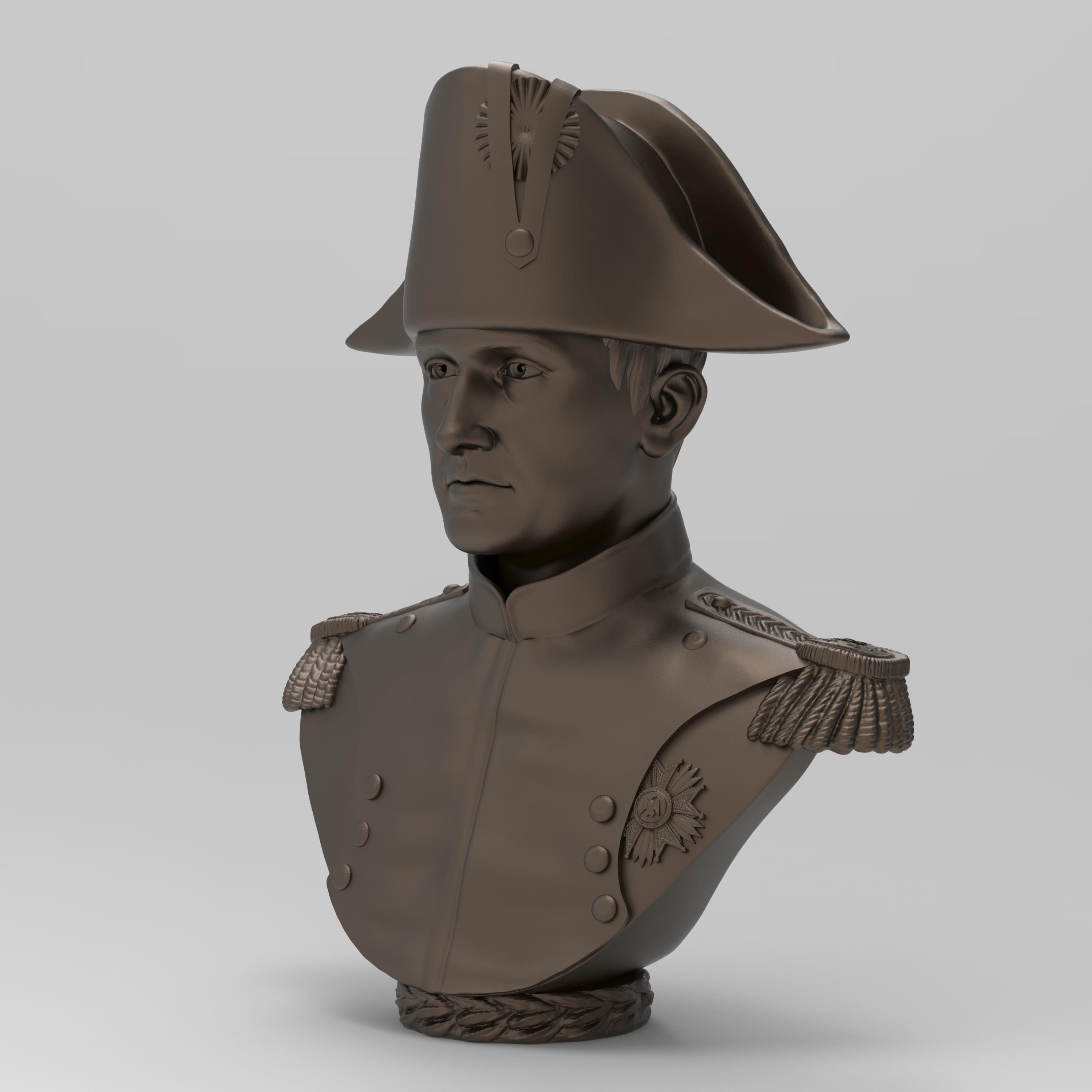 Bust of Napoleon Bonaparte wearing a bicorne hat and detailed military uniform, showcasing epaulets and a medal, set against a neutral background.