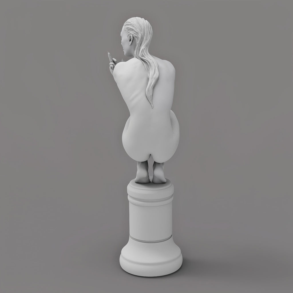 A nude woman squats on a chess piece pedestal, flipping her middle finger while holding a cigarette. Her defiant expression blends classical and modern art styles.