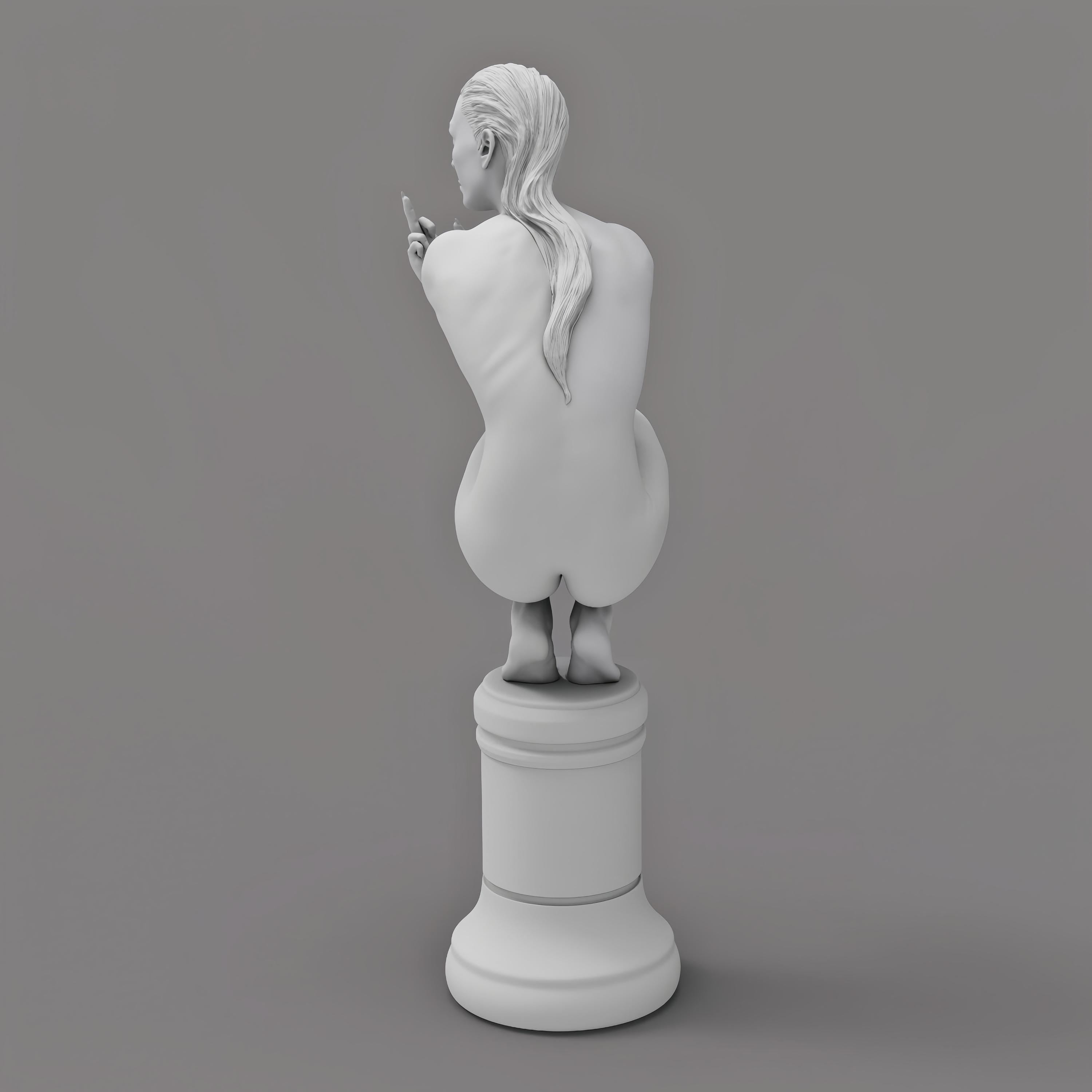 A nude woman squats on a chess piece pedestal, flipping her middle finger while holding a cigarette. Her defiant expression blends classical and modern art styles.