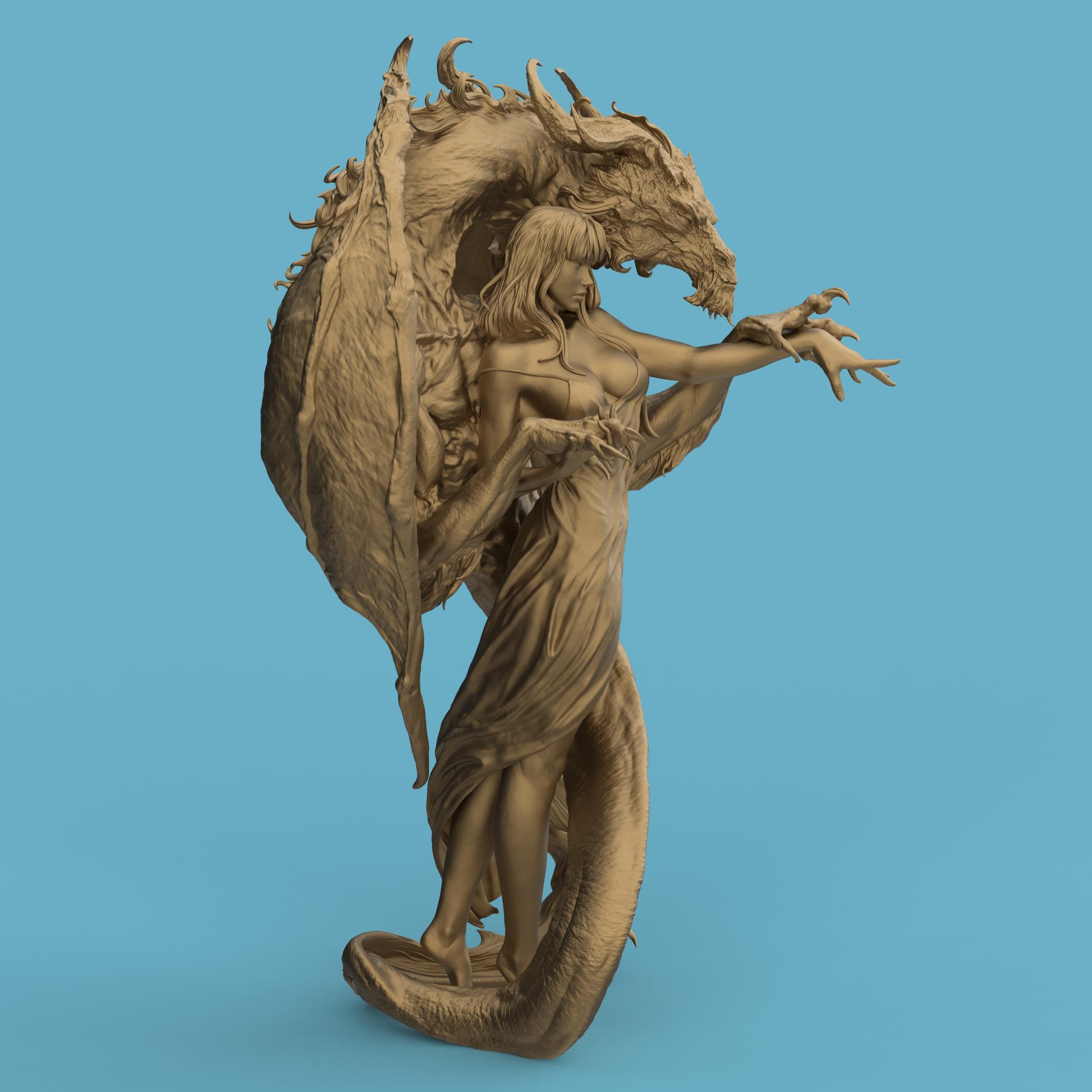 3D-printed Dragon Lady figurine featuring an elegant woman entwined with a majestic dragon. The sculpture blends beauty and power, with intricate textures on the dragon’s wings and scales, and flowing details in the woman’s hair and dress — a captivating fantasy centerpiece symbolizing harmony between strength and grace.