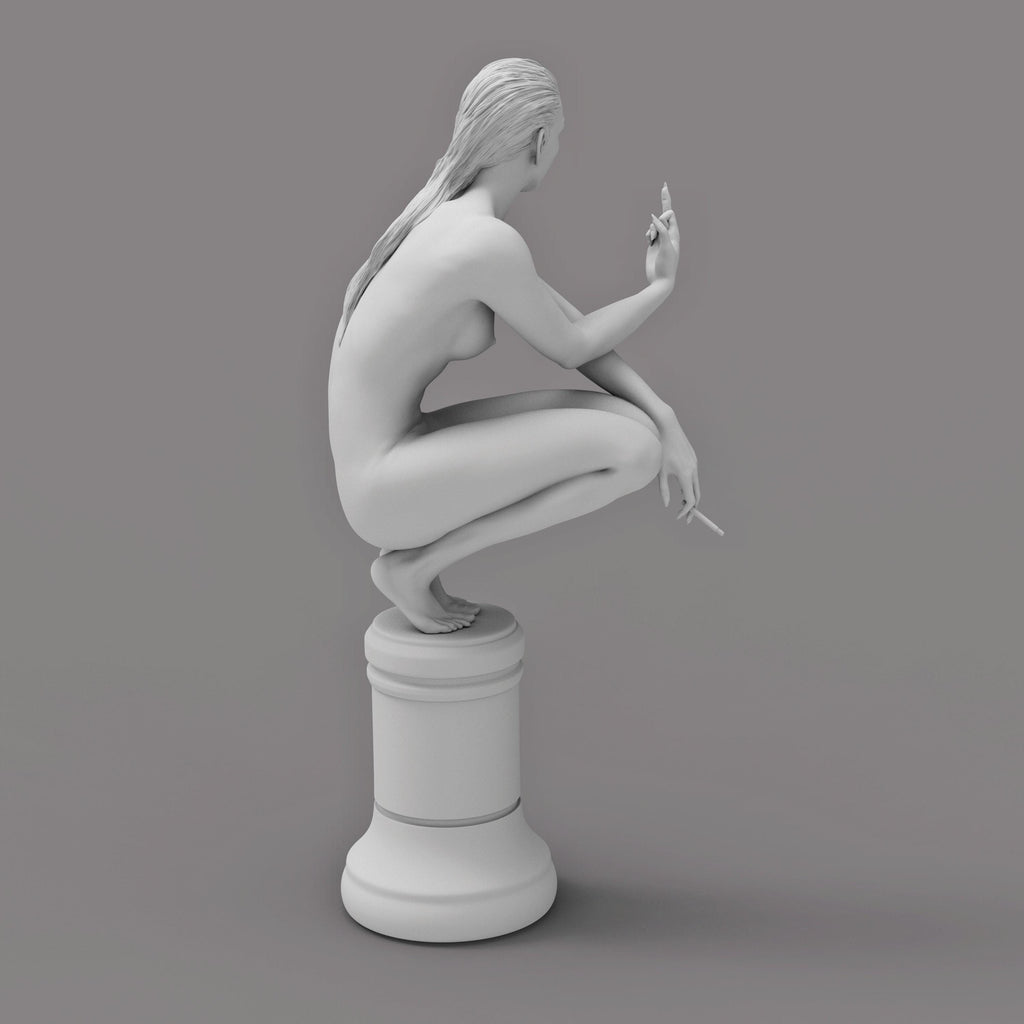 A nude woman squats on a chess piece pedestal, flipping her middle finger while holding a cigarette. Her defiant expression blends classical and modern art styles.
