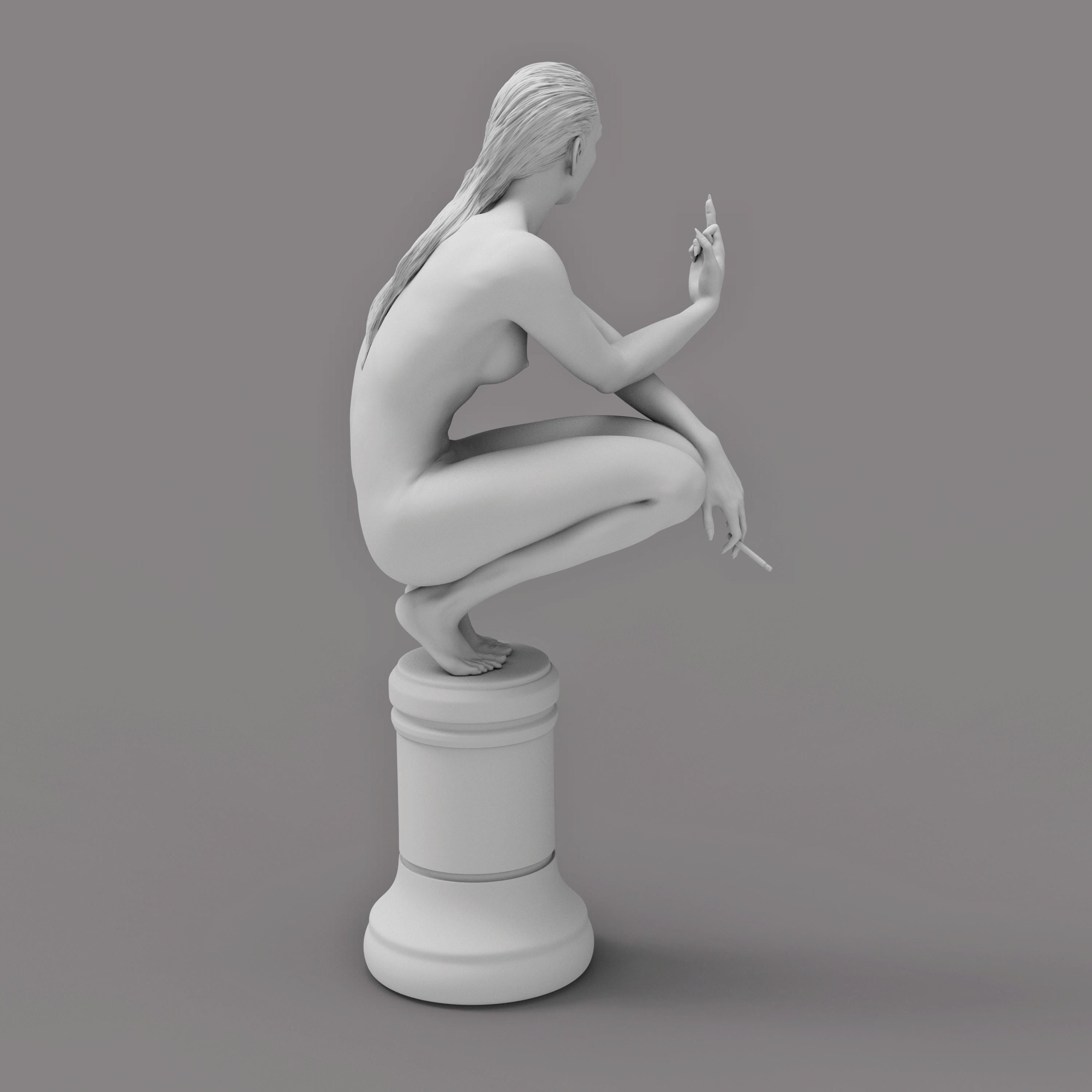 A nude woman squats on a chess piece pedestal, flipping her middle finger while holding a cigarette. Her defiant expression blends classical and modern art styles.