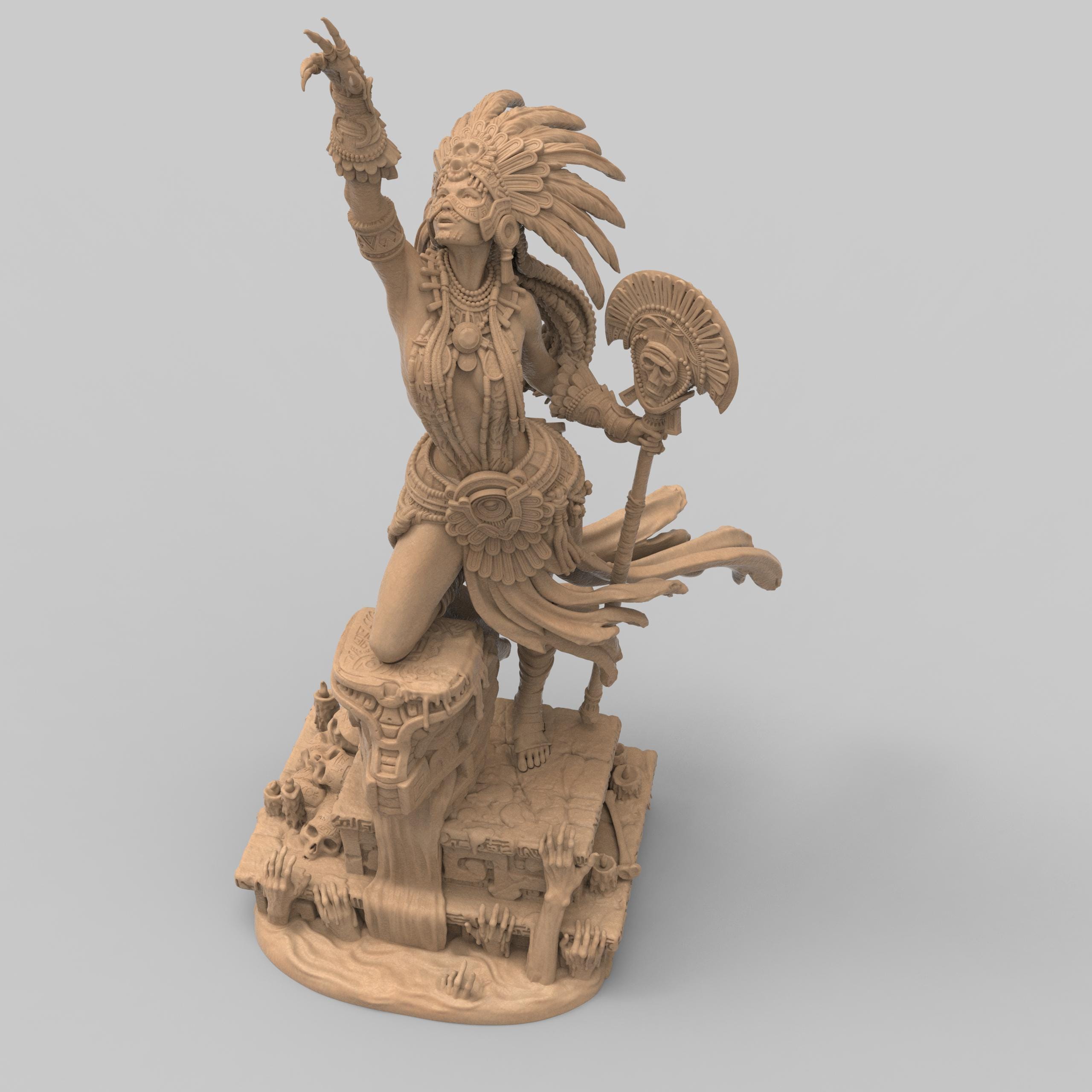 Necalin, the Priestess of Death, rises from ancient ruins, summoning forgotten powers. Clad in ceremonial armor and wielding a skull-topped staff, she channels divine wrath and spiritual dominion. This intricately detailed sculpture captures her fierce grace and mystical authority—a commanding centerpiece for any collection of mythical figures.