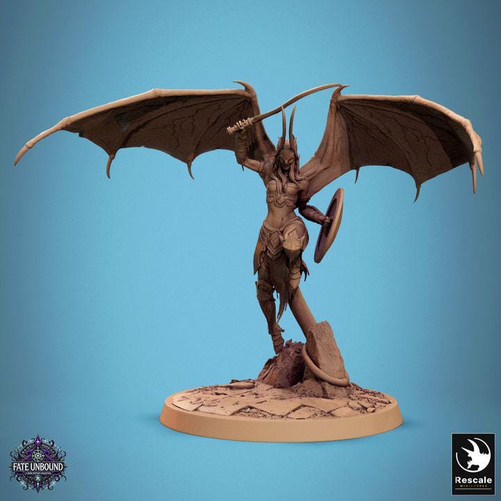 A fierce female cambion with demonic wings, curved horns, and a serpent tail wields a deadly spear and shield. Her armored form exudes power as she stands ready for battle, embodying both beauty and terror in a masterfully sculpted miniature.