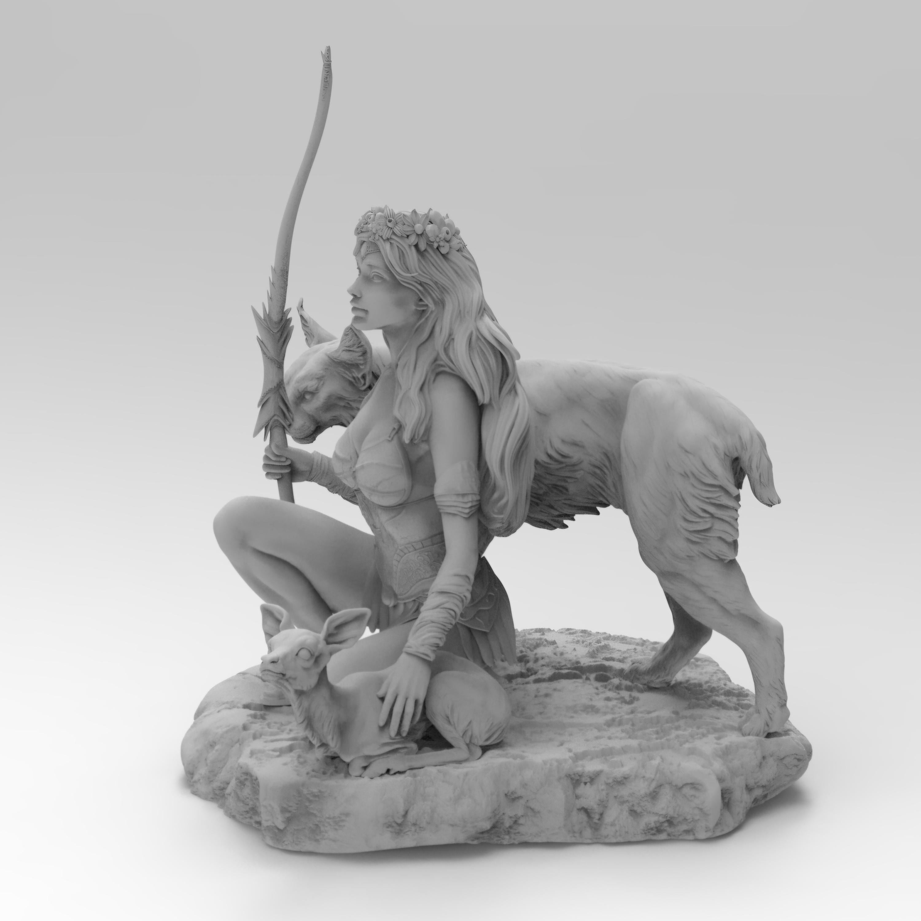 Detailed statue of Artemis kneeling with a spear, accompanied by a wolf and a fawn, set on a rocky base. She wears a floral crown and intricate armor, embodying a goddess of the hunt and nature.