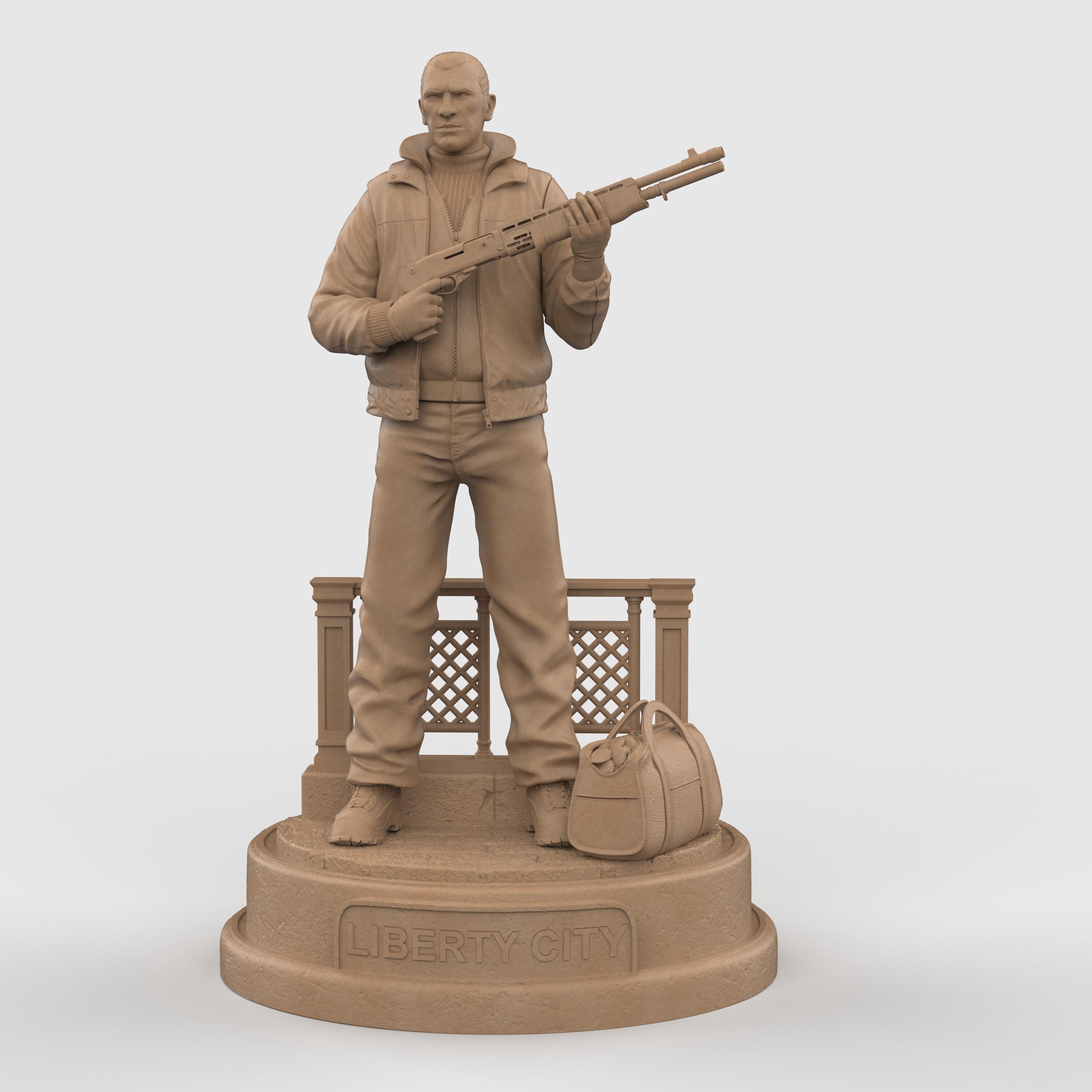 Highly detailed 3D-printed figurine of a rugged man holding a shotgun, standing confidently on a circular base marked with “Liberty City,” accompanied by a duffel bag and fence detail, perfect for collectors.