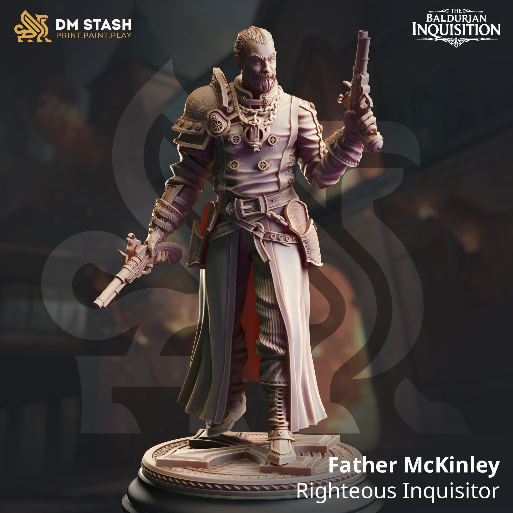 Stoic and battle-worn, Father McKinley stands with dual flintlock pistols and a righteous glare. Adorned in detailed layered armor and a long flowing coat, this miniature captures a holy gunslinger ready to purge evil with fire and faith.