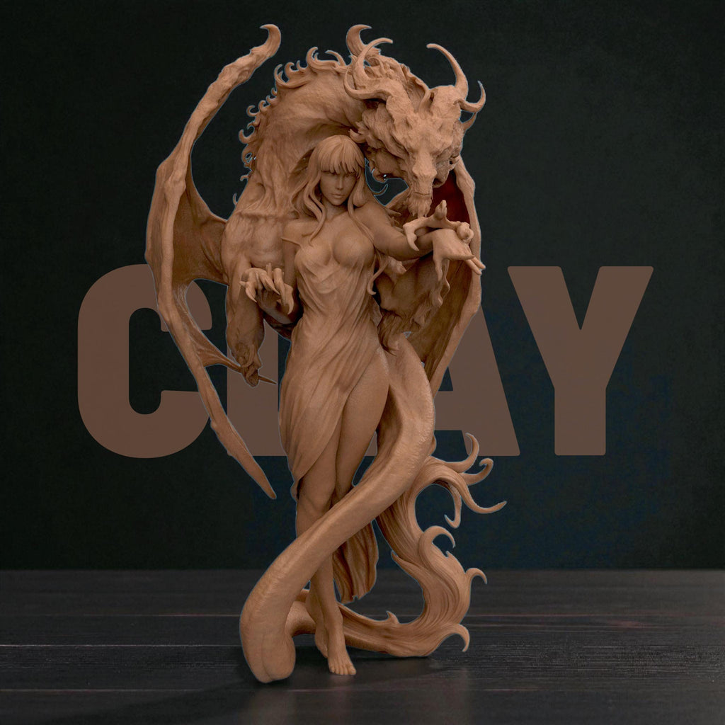 3D-printed Dragon Lady figurine featuring an elegant woman entwined with a majestic dragon. The sculpture blends beauty and power, with intricate textures on the dragon’s wings and scales, and flowing details in the woman’s hair and dress — a captivating fantasy centerpiece symbolizing harmony between strength and grace.