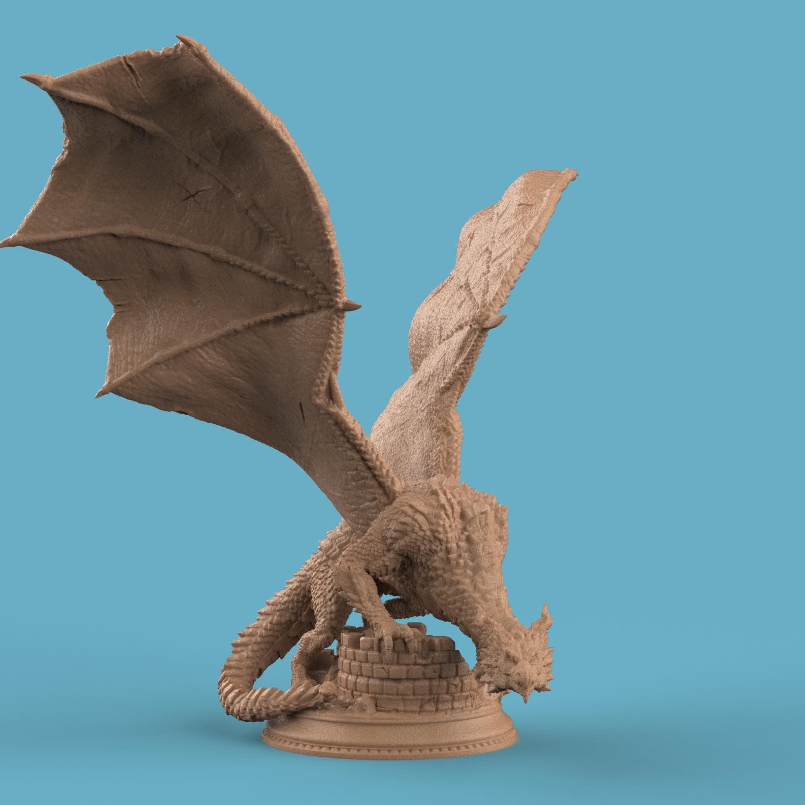 3D-printed Azmordion Silver Dragon miniature with massive outstretched wings, detailed scales, and a coiled tail perched against a ruined stone wall. Fantasy dragon collectible perfect for tabletop games or display.