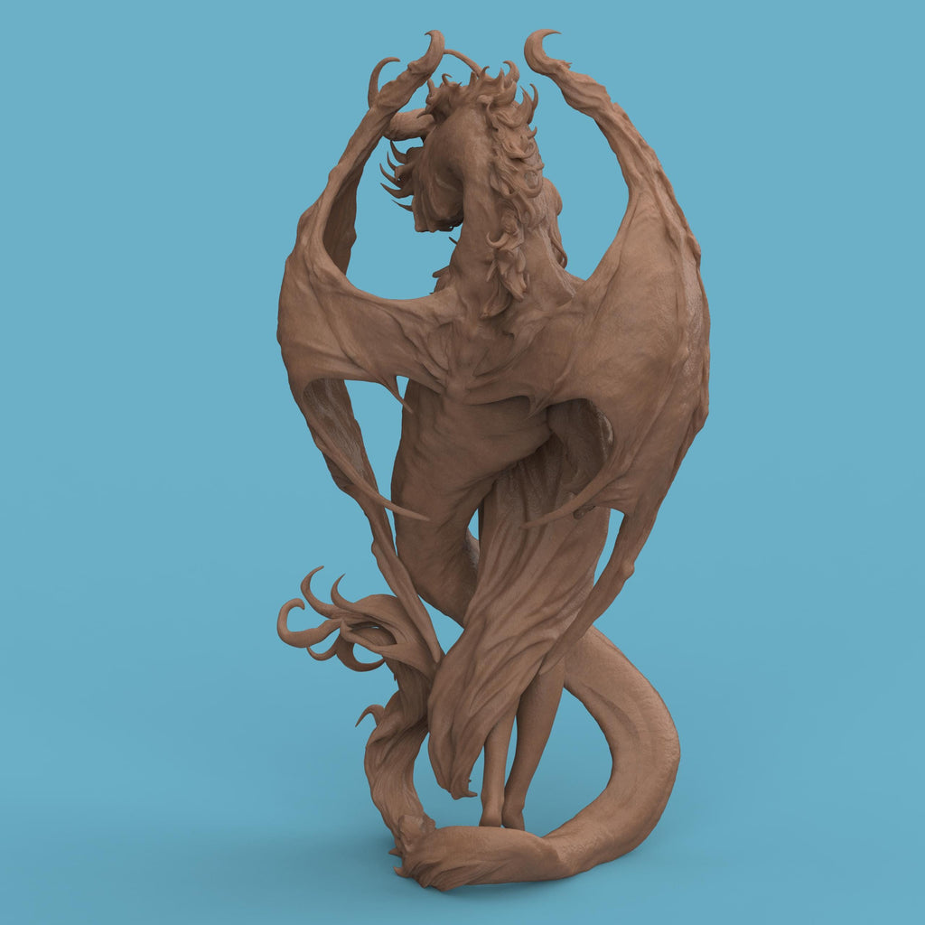 3D-printed Dragon Lady figurine featuring an elegant woman entwined with a majestic dragon. The sculpture blends beauty and power, with intricate textures on the dragon’s wings and scales, and flowing details in the woman’s hair and dress — a captivating fantasy centerpiece symbolizing harmony between strength and grace.