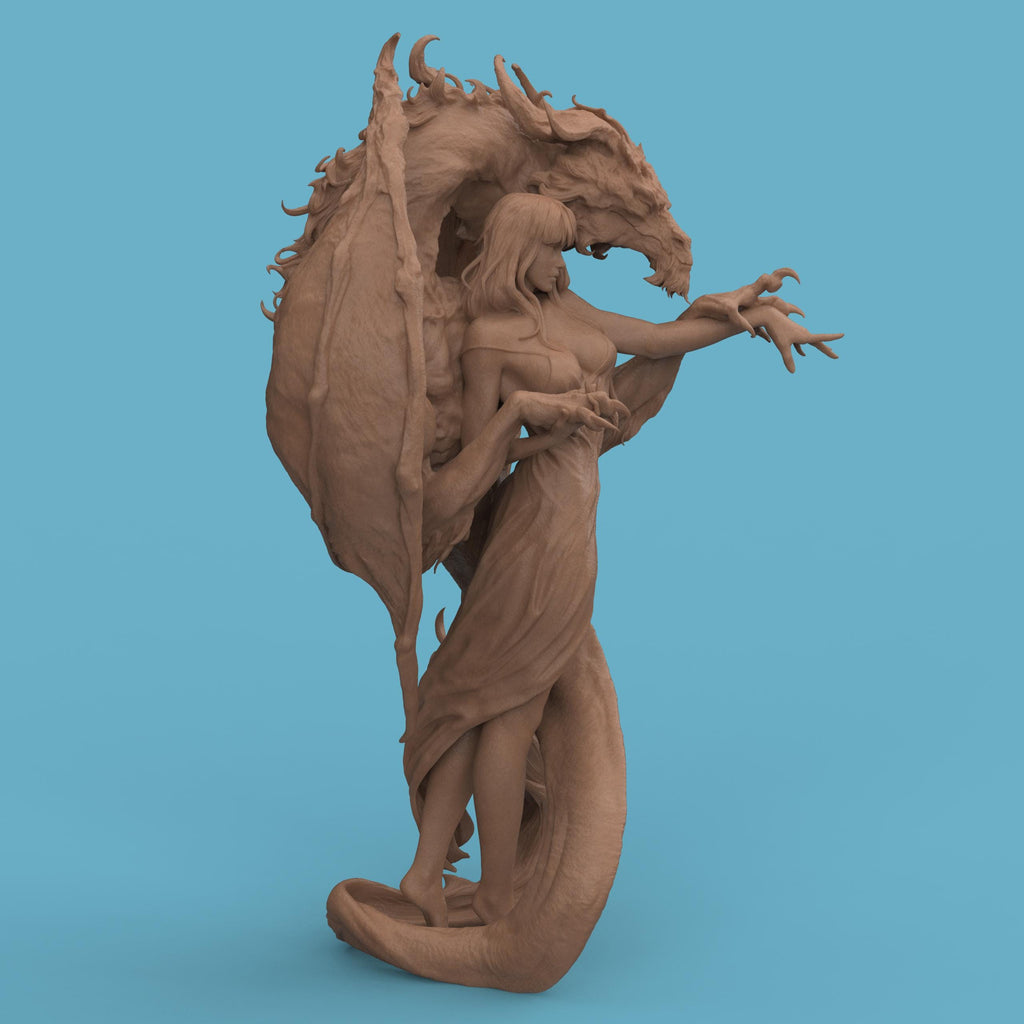 3D-printed Dragon Lady figurine featuring an elegant woman entwined with a majestic dragon. The sculpture blends beauty and power, with intricate textures on the dragon’s wings and scales, and flowing details in the woman’s hair and dress — a captivating fantasy centerpiece symbolizing harmony between strength and grace.