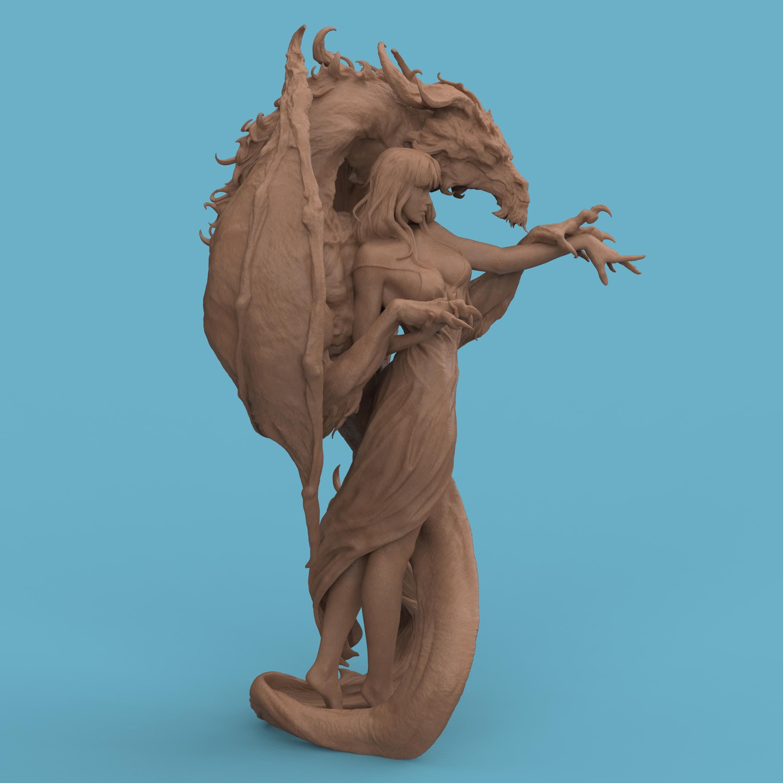 3D-printed Dragon Lady figurine featuring an elegant woman entwined with a majestic dragon. The sculpture blends beauty and power, with intricate textures on the dragon’s wings and scales, and flowing details in the woman’s hair and dress — a captivating fantasy centerpiece symbolizing harmony between strength and grace.