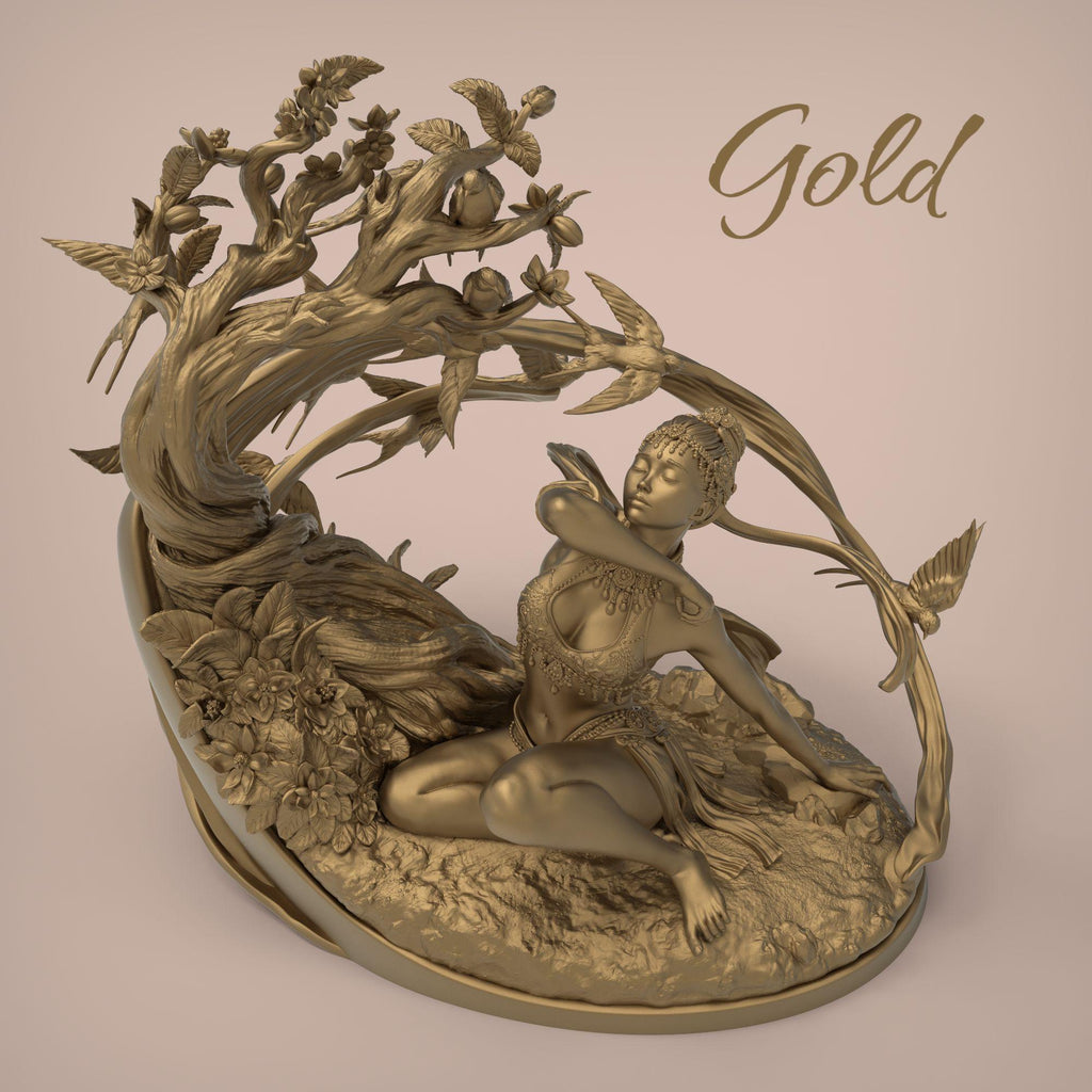 Spring’s Awakening captures a serene goddess embraced by nature as she greets the morning breeze. With flowers blooming around her and birds in flight, this sculpture evokes renewal and harmony. Ideal for fantasy lovers and collectors.