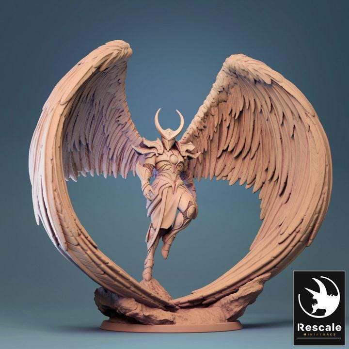 Angel Fighter, a celestial warrior with grand, curved wings, stands poised in elegant armor. With a horned helmet and flowing robes, this divine figure embodies power and grace. A stunning miniature for collectors and fantasy RPG enthusiasts.