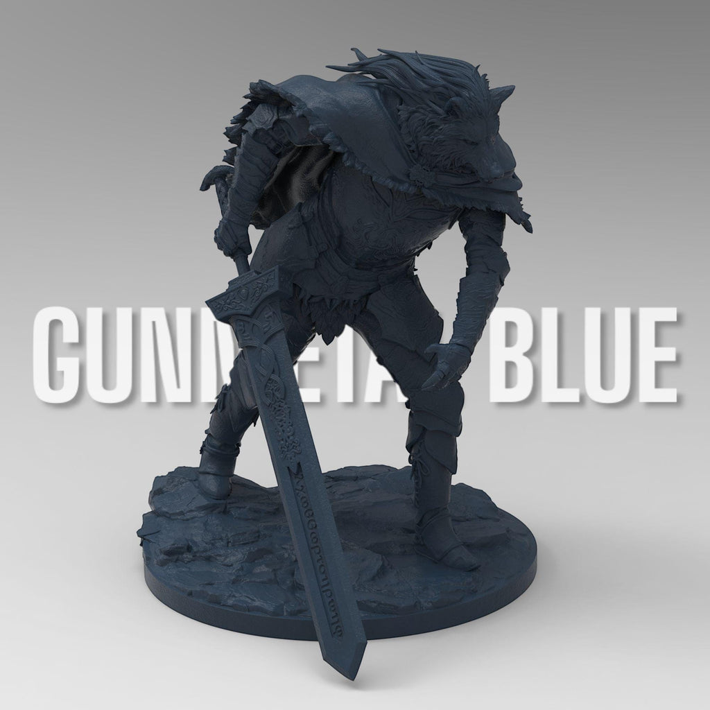 3D-printed figure of Blaidd from Elden Ring, capturing his wolf-like features and imposing armor. Standing tall with a fierce expression, this statue embodies the half-wolf warrior's noble and loyal nature, sword drawn and ready for battle.