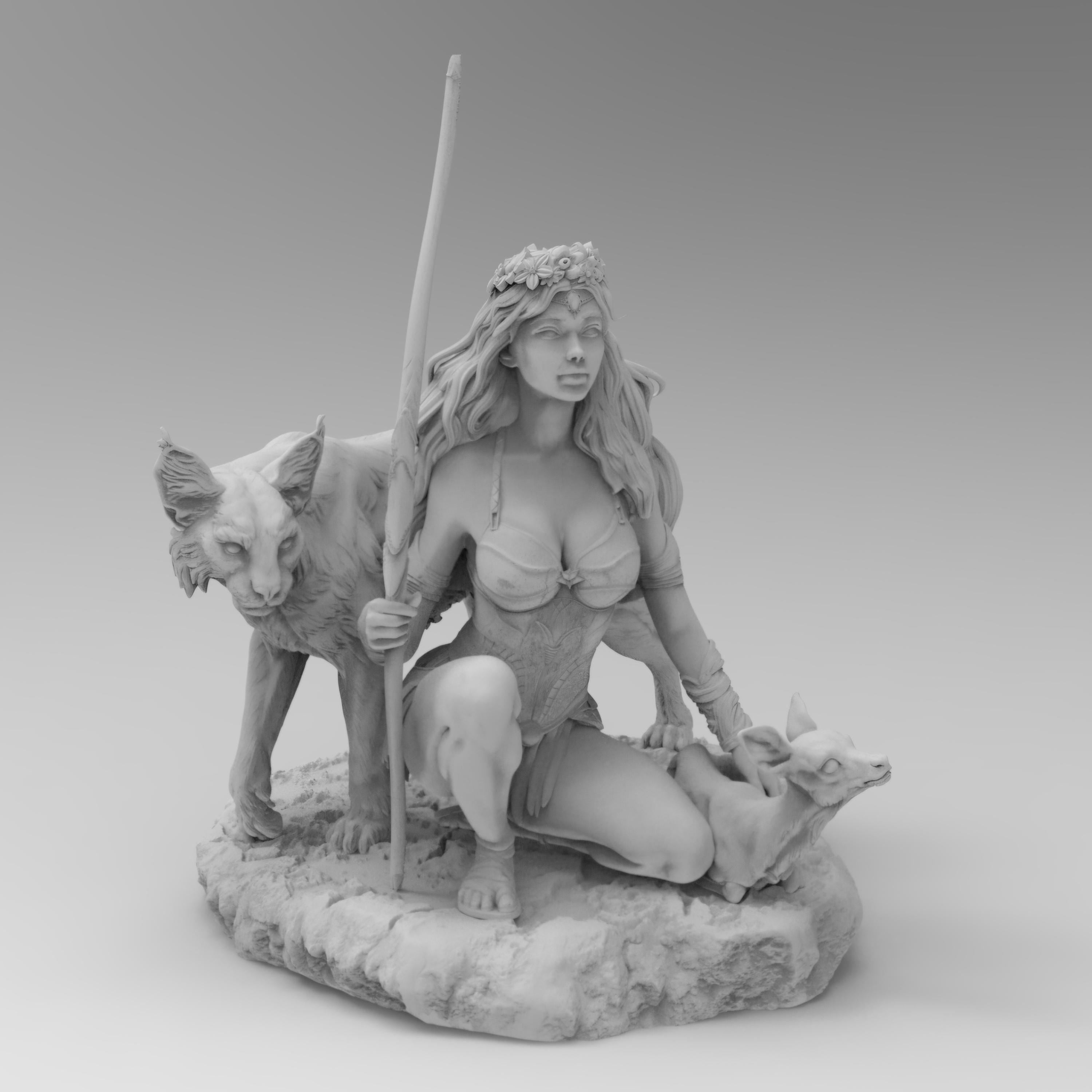 Detailed statue of Artemis kneeling with a spear, accompanied by a wolf and a fawn, set on a rocky base. She wears a floral crown and intricate armor, embodying a goddess of the hunt and nature.