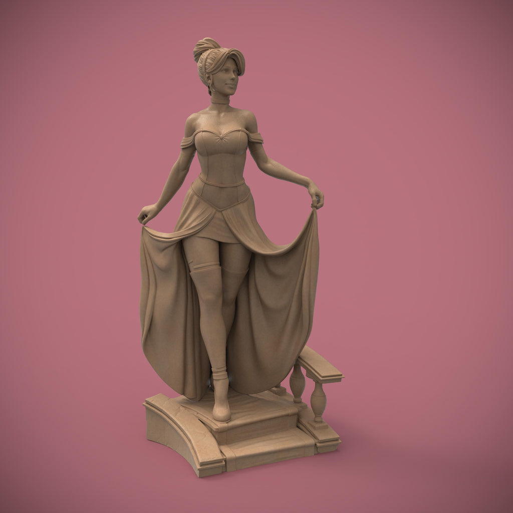 A bold reimagination of the classic princess, this stunning Elaria the Princess of Moonlight statuette blends elegance and seduction. With delicate details from her flowing dress to thigh-high stockings and glass slippers, she steps confidently down the royal stairs—one garter and lost shoe away from a fairytale twist.