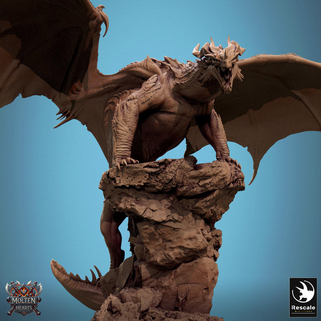 A fearsome Chromatic Red Dragon perches atop a rocky outcrop, wings spread wide and mouth open in a menacing roar. Its scales are rugged and spiked, exuding raw power and dominance. A perfect miniature for collectors and tabletop RPG enthusiasts.