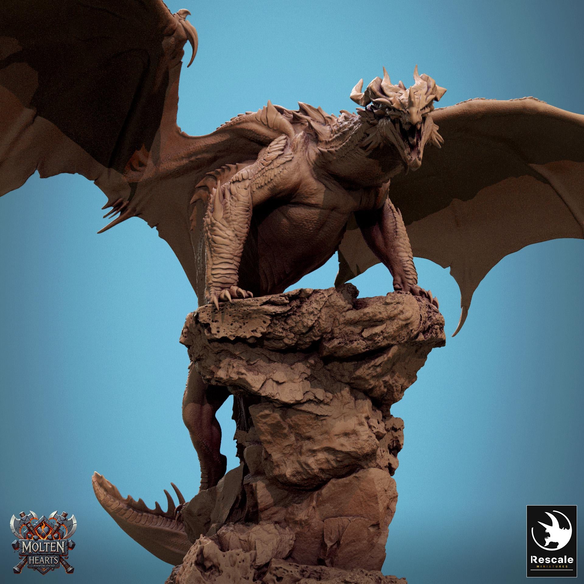 A fearsome Chromatic Red Dragon perches atop a rocky outcrop, wings spread wide and mouth open in a menacing roar. Its scales are rugged and spiked, exuding raw power and dominance. A perfect miniature for collectors and tabletop RPG enthusiasts.