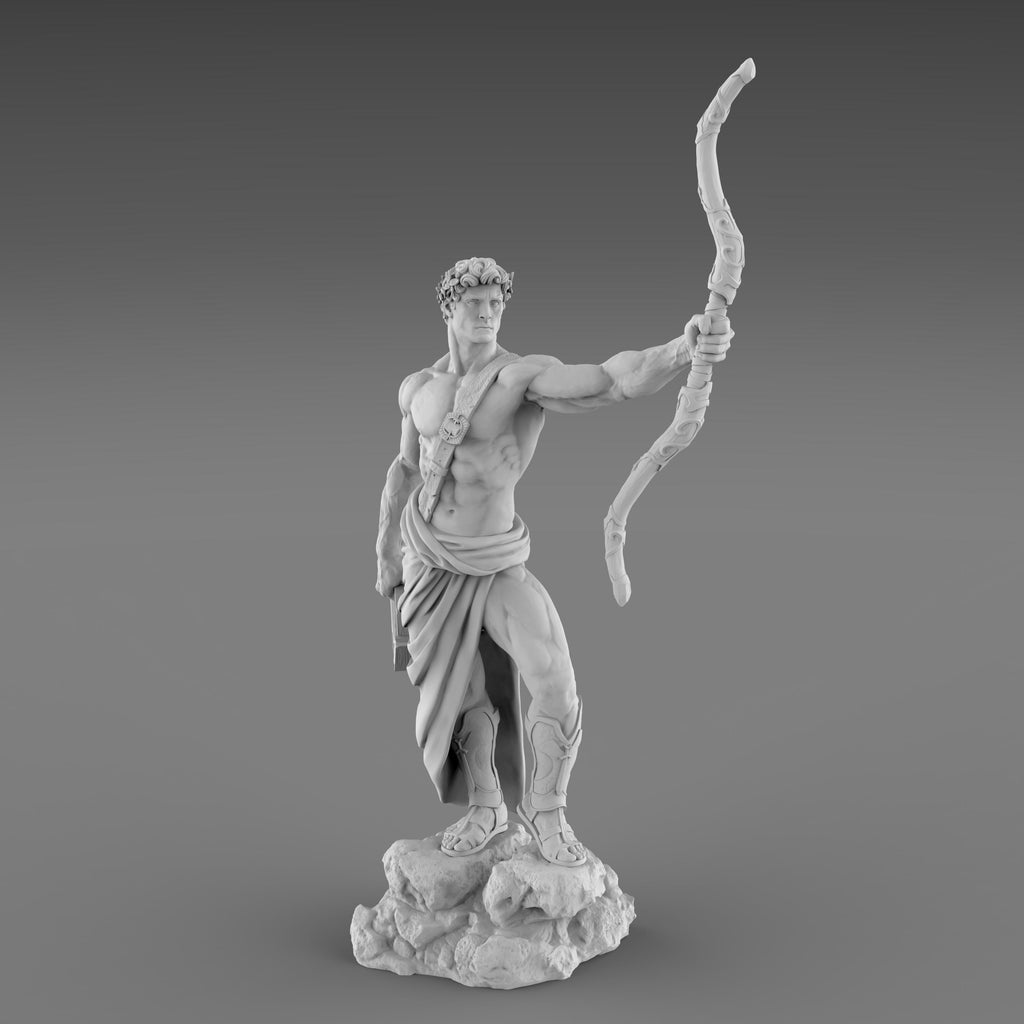 Apollo statue with a bow and lyre, wearing a laurel wreath and draped garment. His heroic stance and muscular form embody divine strength and grace.