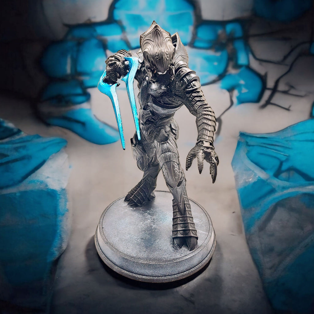 Statue of Arbiter, featuring detailed armor and a dynamic pose on a round base.
