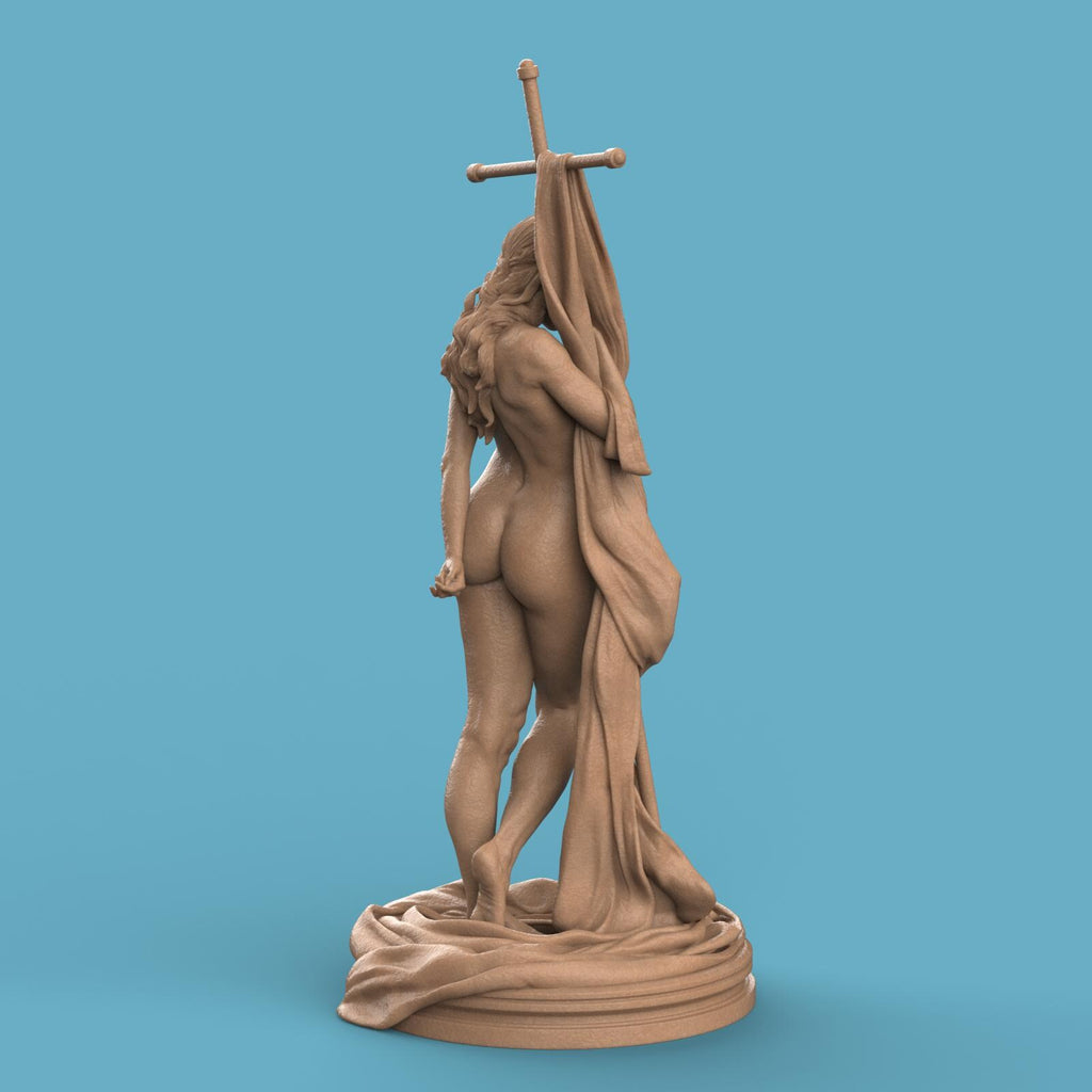 3D-printed Helga statue featuring a graceful nude female figure posed beside a large cross-draped cloth, standing on a textured circular base. Elegant and artistic collectible sculpture, ideal for home décor or display.