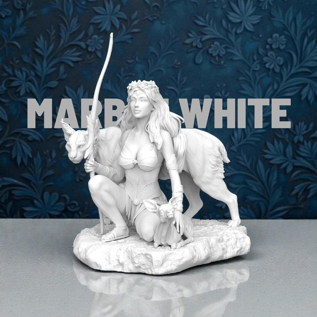 3D-printed Artemis figurine featuring a kneeling huntress goddess holding a staff, accompanied by a large wild cat and a small deer. The sculpt showcases flowing hair, detailed armor, and a natural rocky base, capturing the mythological figure’s serene yet powerful presence.