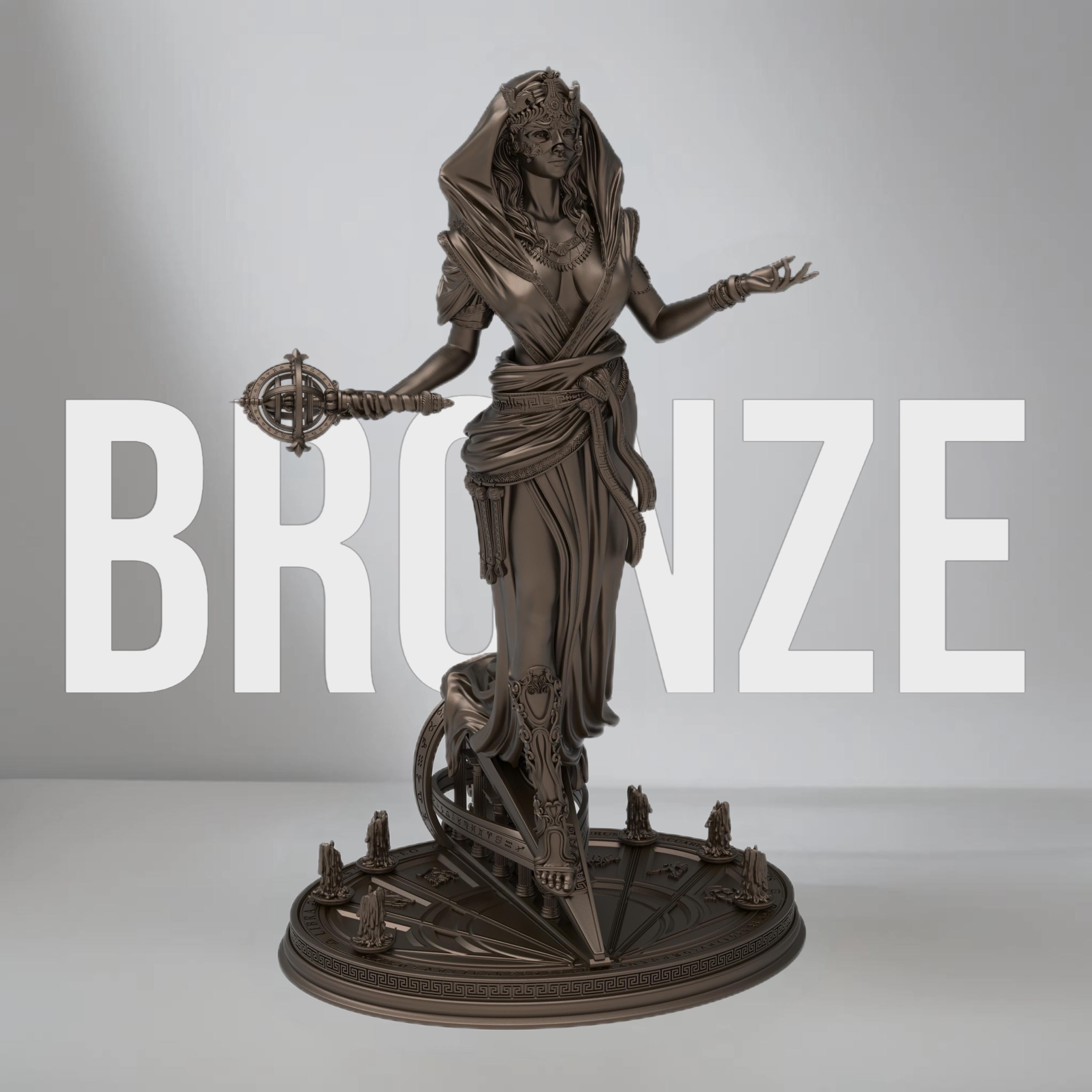 Elegant statue of Lakhesis, the Moirai. Draped in flowing robes with intricate details, a veiled face, and a majestic headdress. Symbolizing the measurer of fate, she stands with a poised and mystical presence.