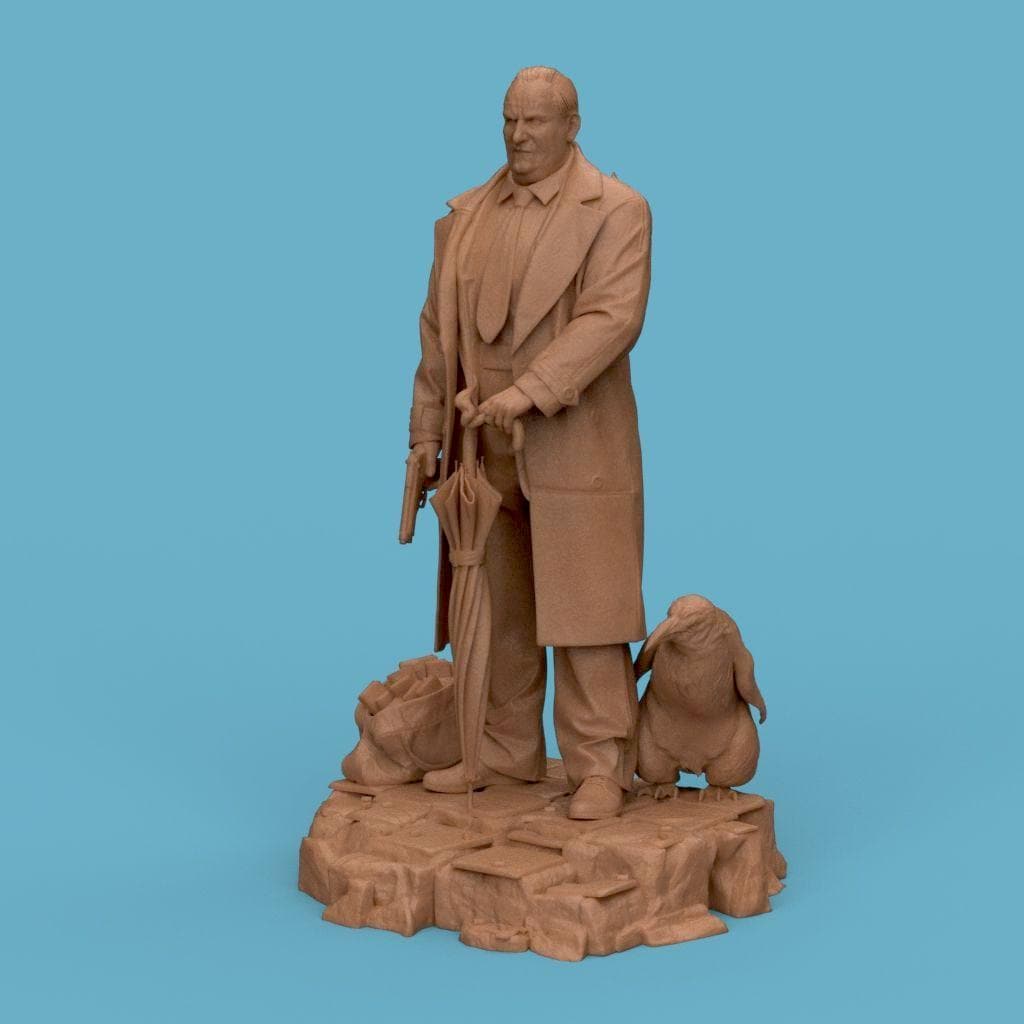 3D-printed figurine of The Penguin Man standing on a textured stone base, holding an umbrella and a gun, with two penguins by his side. The sculpture showcases detailed clothing folds and facial expression, making it ideal for collectors of cinematic or villain-inspired art pieces.