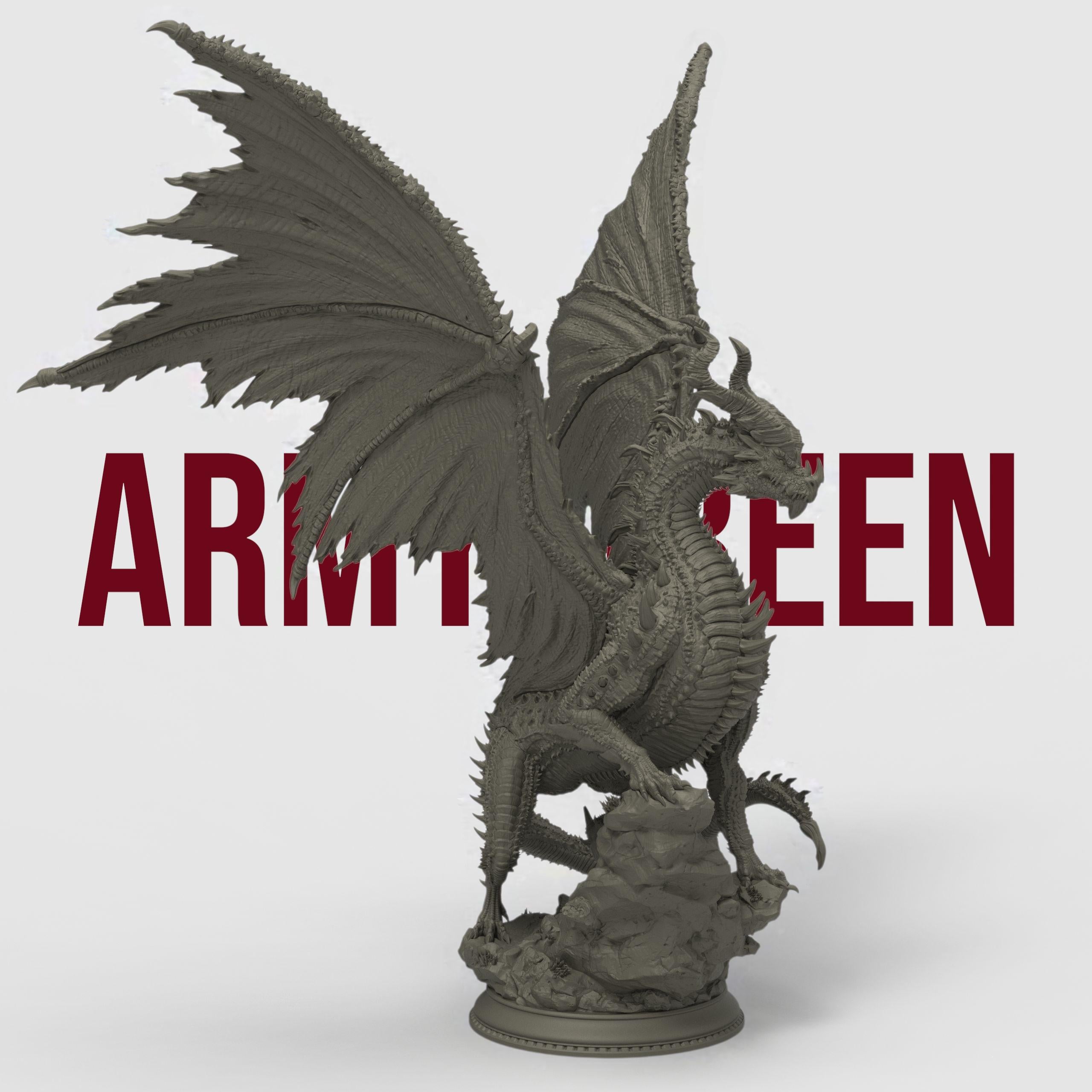 Highly detailed 3D-printed miniature of a Black Ancient Dragon perched atop jagged rocky terrain. The dragon features menacing horns, sharp spines along its body, and expansive, tattered wings spread wide in a dominant pose. Sculpted with fine textures, including intricate scales and a fierce, snarling expression.