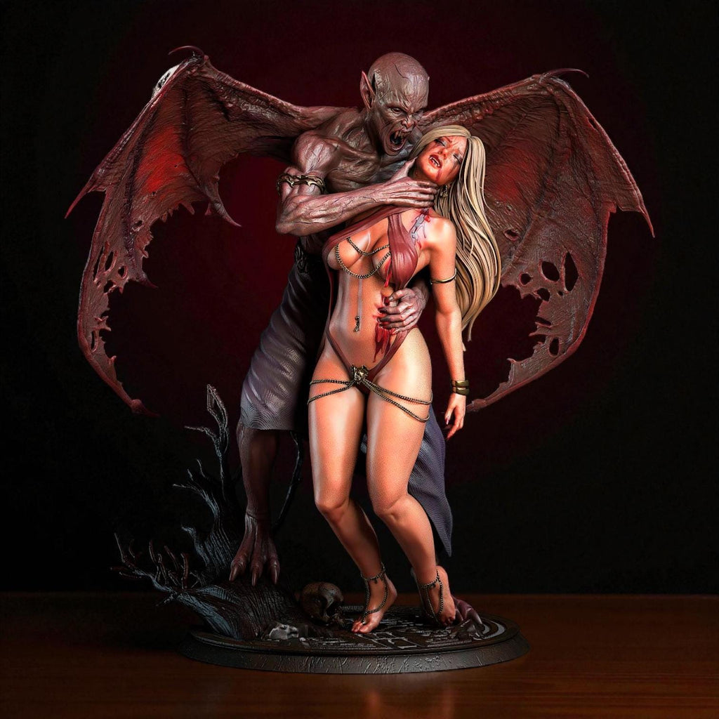 3D-printed Dracula’s Desire figurine featuring a dramatic vampire and victim scene, capturing gothic passion and dark fantasy. The detailed sculpture showcases expressive poses, intricate anatomy, and realistic textures — from tattered wings to flowing hair — symbolizing temptation, dominance, and the timeless allure of the night.