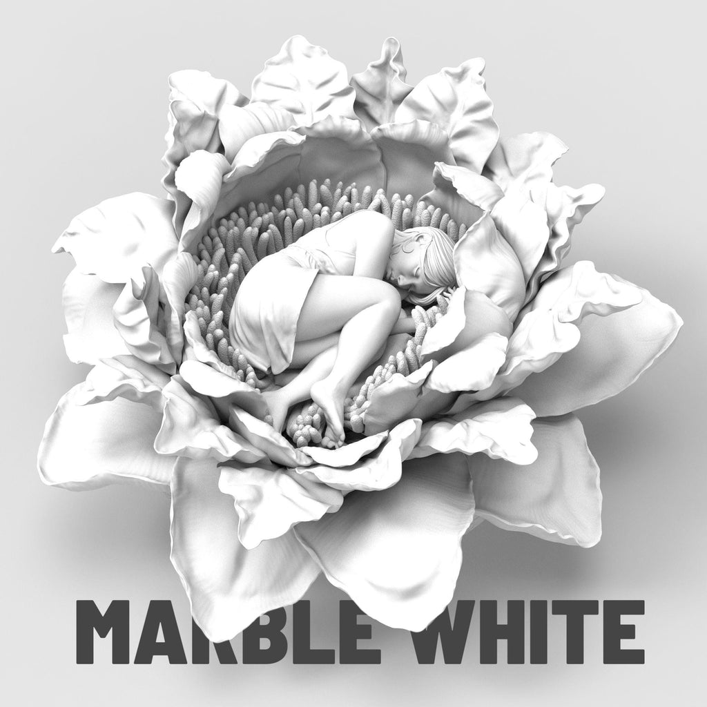 Intricate 3D-printed sculpture of a young woman peacefully curled up and sleeping within the center of a large blooming flower. The figure is detailed with delicate petals and lifelike textures, available in both unpainted and hand-painted versions. The painted model features deep red petals and a pale yellow dress, creating a dreamy, fairytale-like appearance.