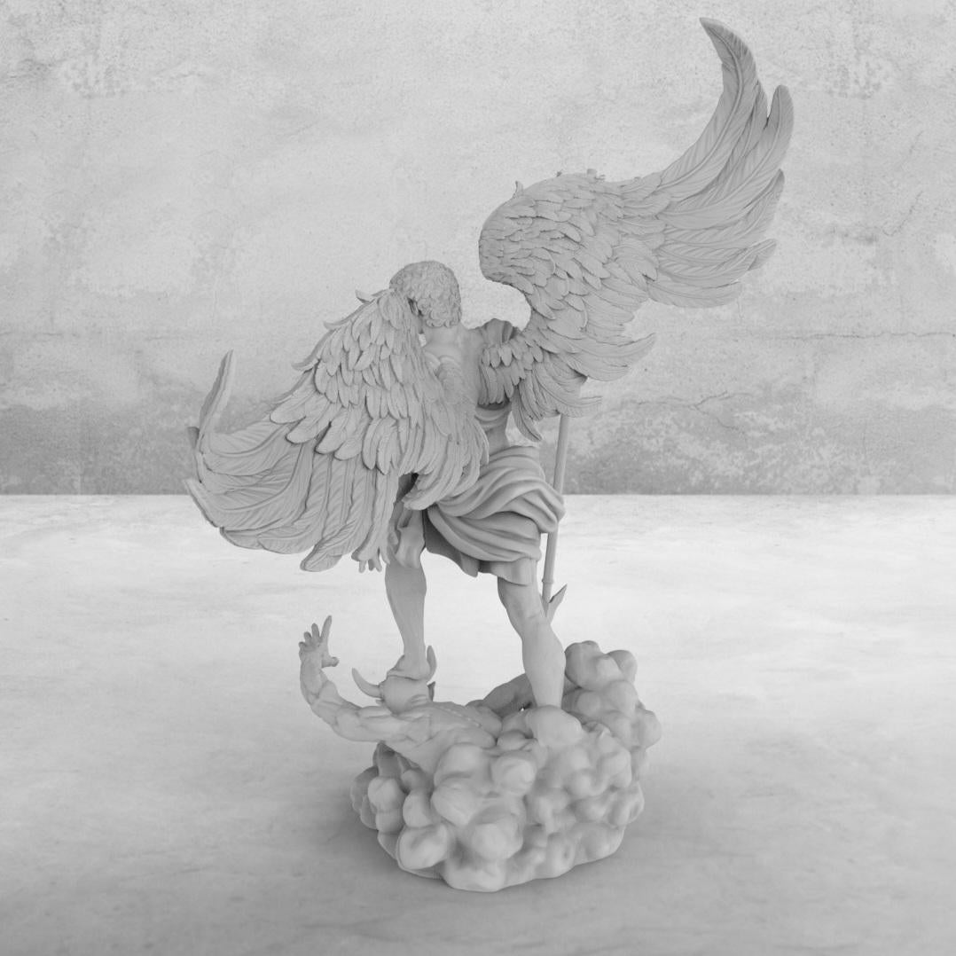 Statue of Archangel with large wings, standing over a defeated demon. Holding a spear, he wears a flowing robe. The base has swirling clouds, symbolizing divinity. Available in multiple finishes.